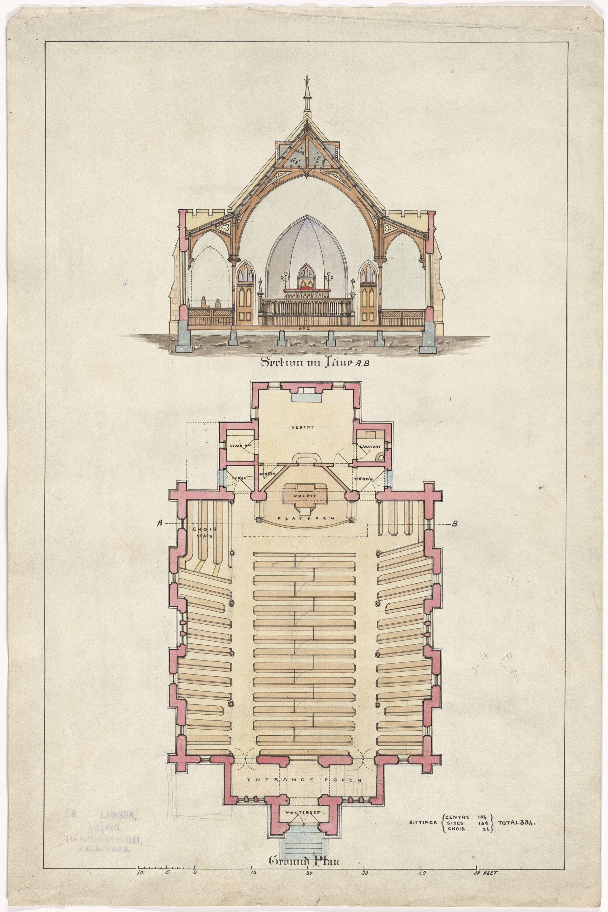 East Taieri Presbyterian Church, plan for church building, section and ground floor 