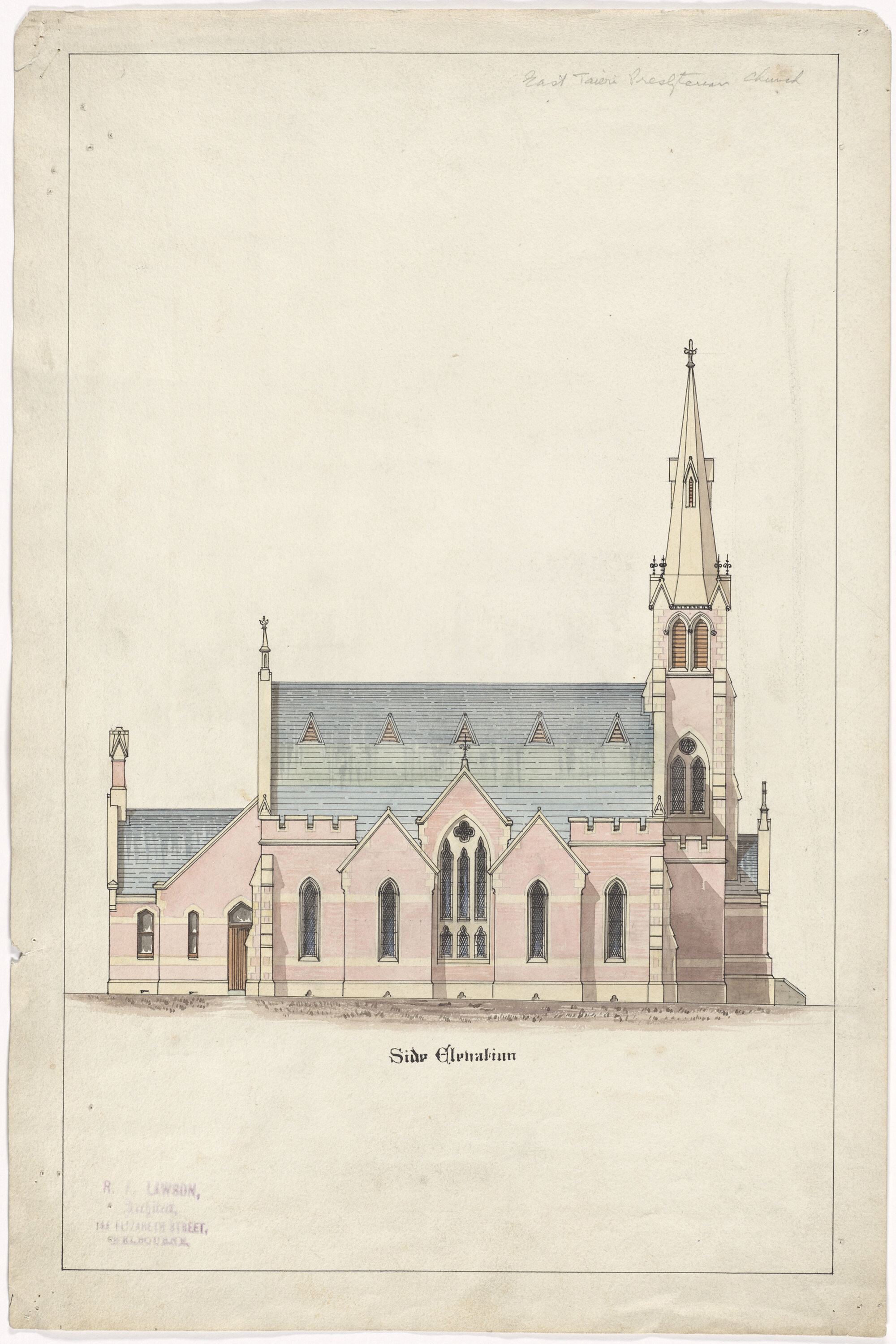 East Taieri Presbyterian Church, plan for church building, side elevation