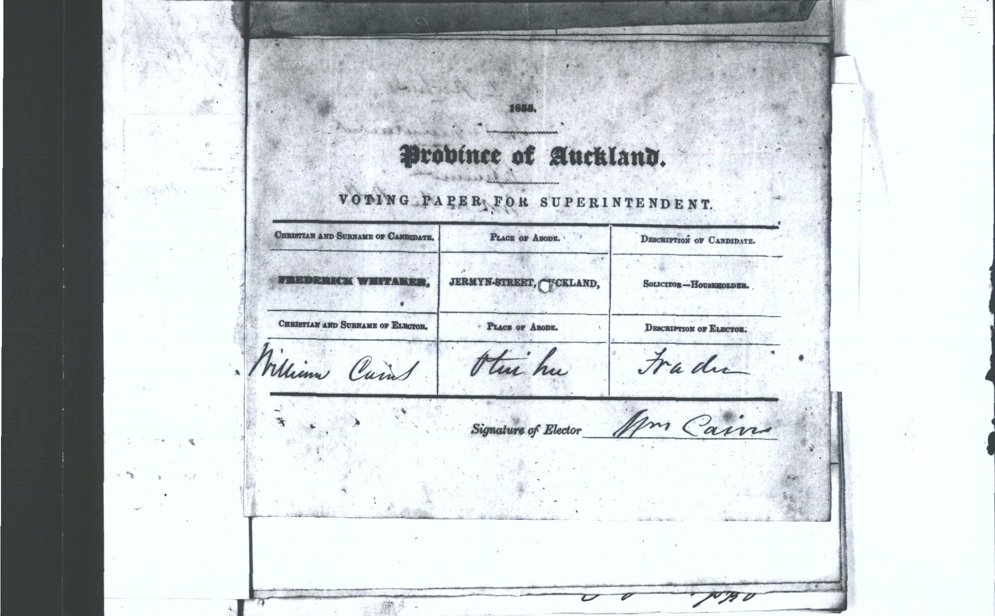 Auckland Provincial Council Voting Paper for Superintendent