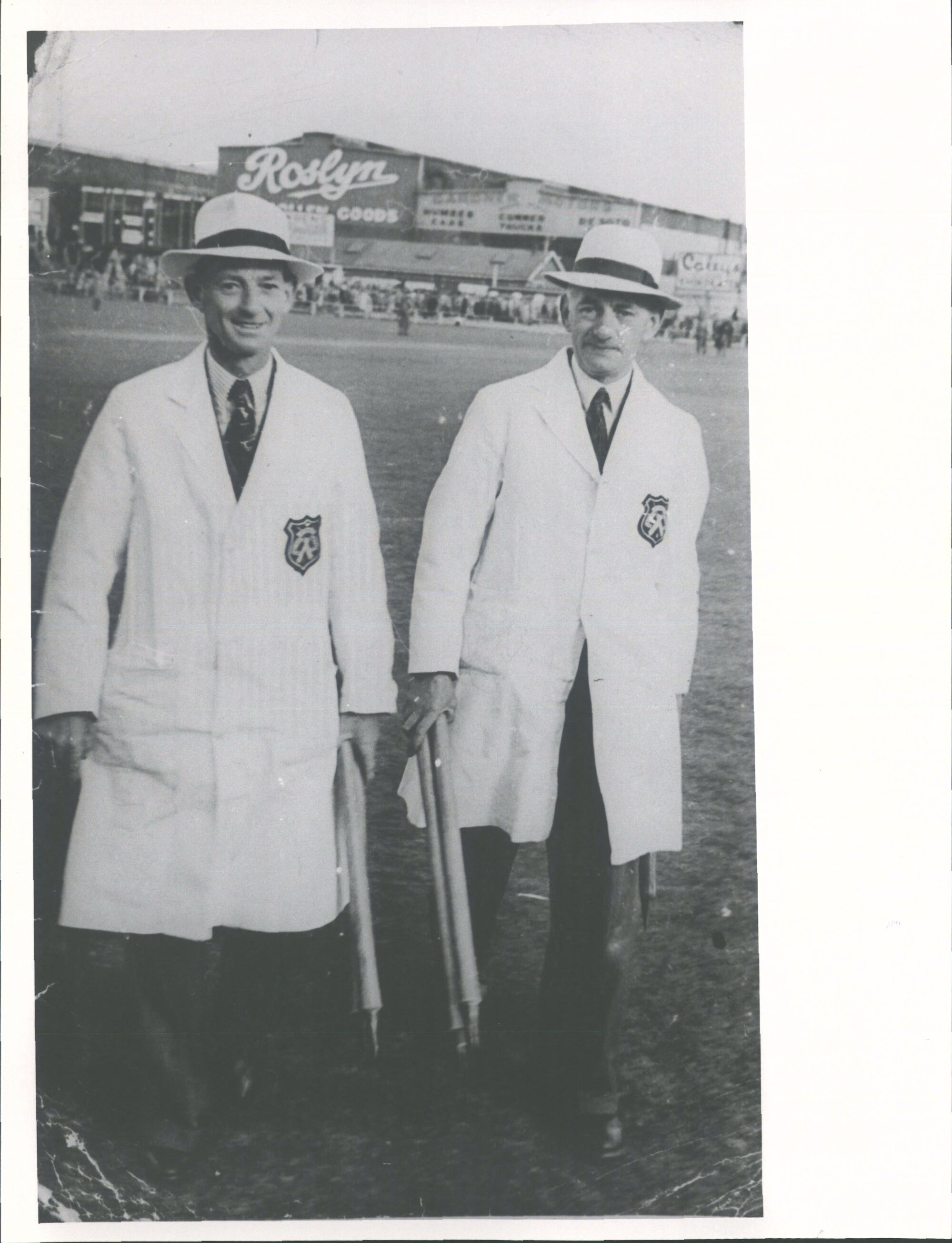"Two of the leading Otago Cricket Umpires of the 1950's S. B. Tonkinson (left) and A. E. Jelley."