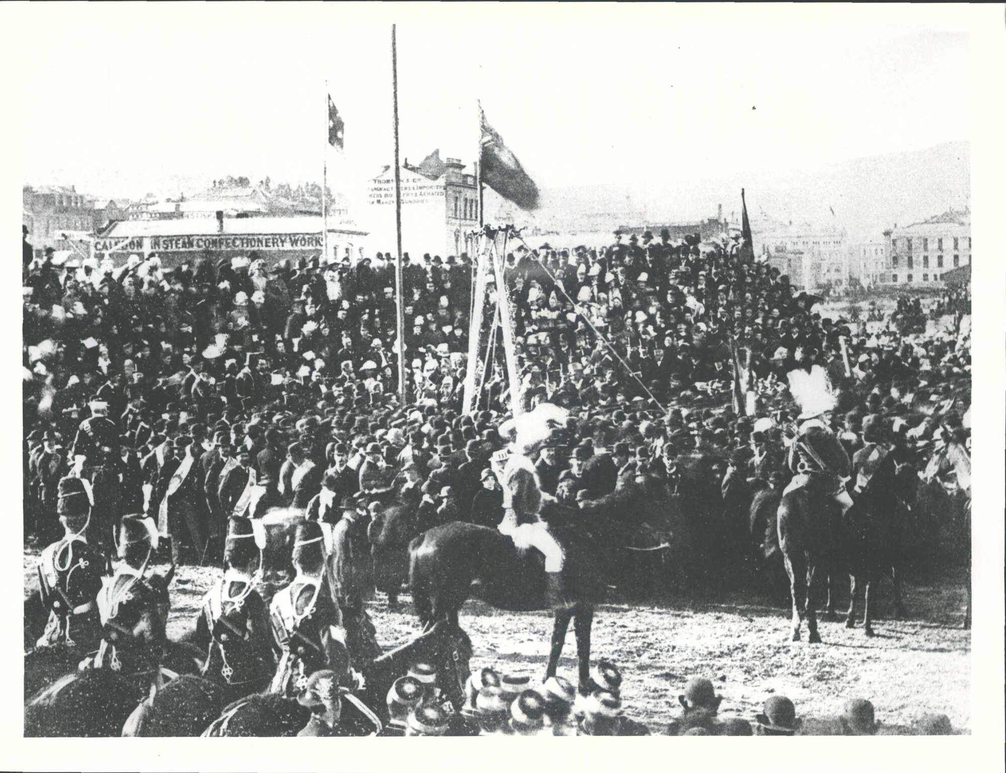 The crowd present at the laying of the foundation stone on March 20, 1889.  Otago Hussars in the foreground
