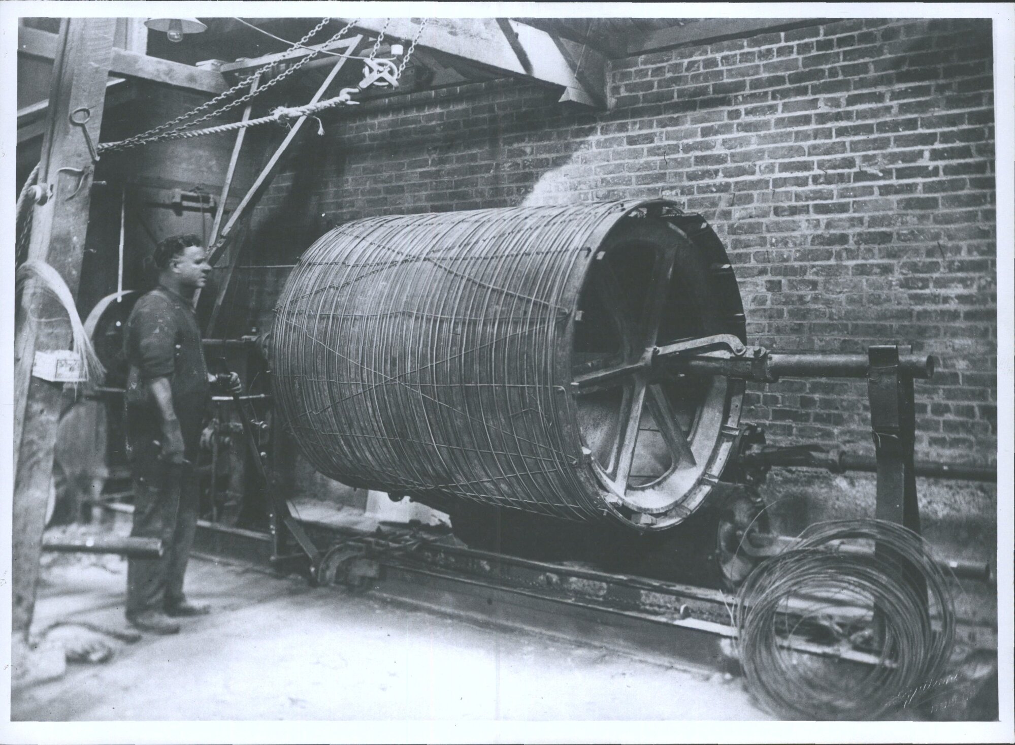 "McSkimming &amp; Sons Concrete pipe works showing weaving machine for manufacture re-inforcements for concrete pipes -  original ca