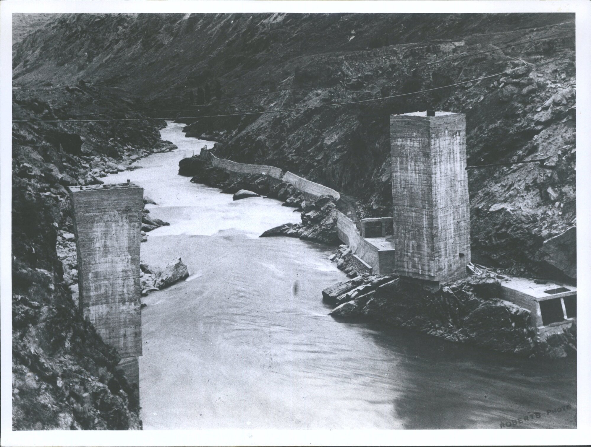 Concrete piles used (subsequently &amp; unsuccessfully) to dam the Kawarau River by Cromwell Development Co.