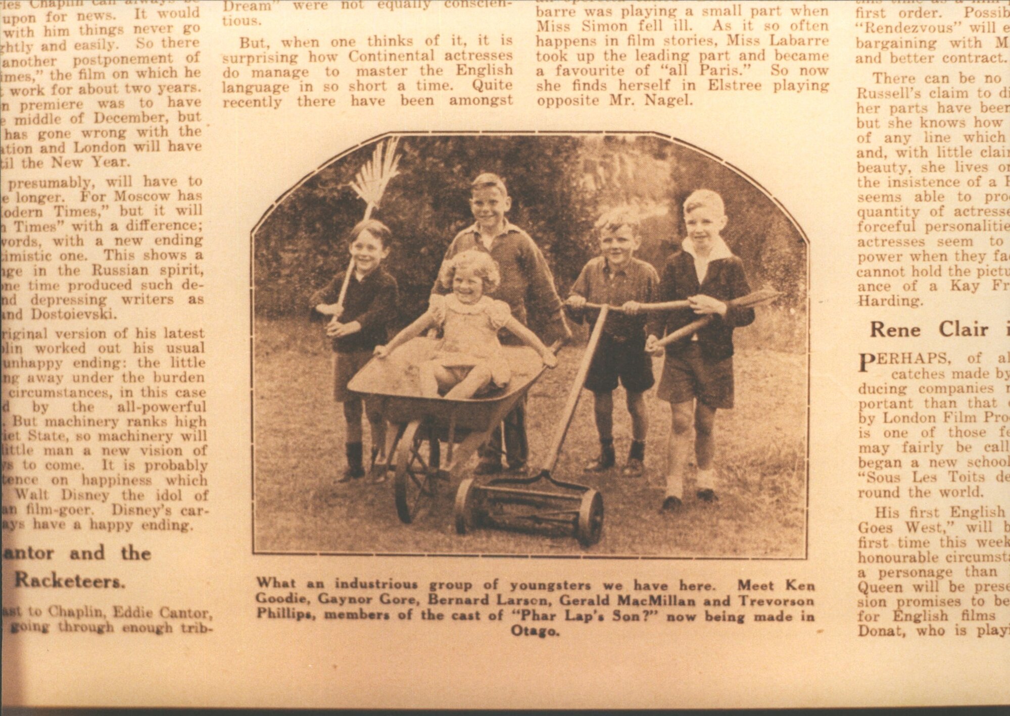 N.Z. First talkies. Ken Goodie, Bernard Larson, Gaynor Gore (in barrow) Gerard McMillan and Treverson Phillips, Members of the c