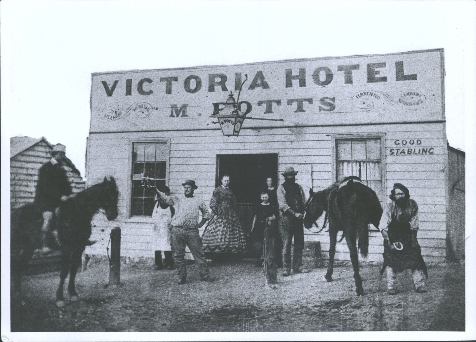 Victoria Hotel c1860s - Matthew Potts with tray, Fowler the Blacksmith, Mrs Potts in doorway