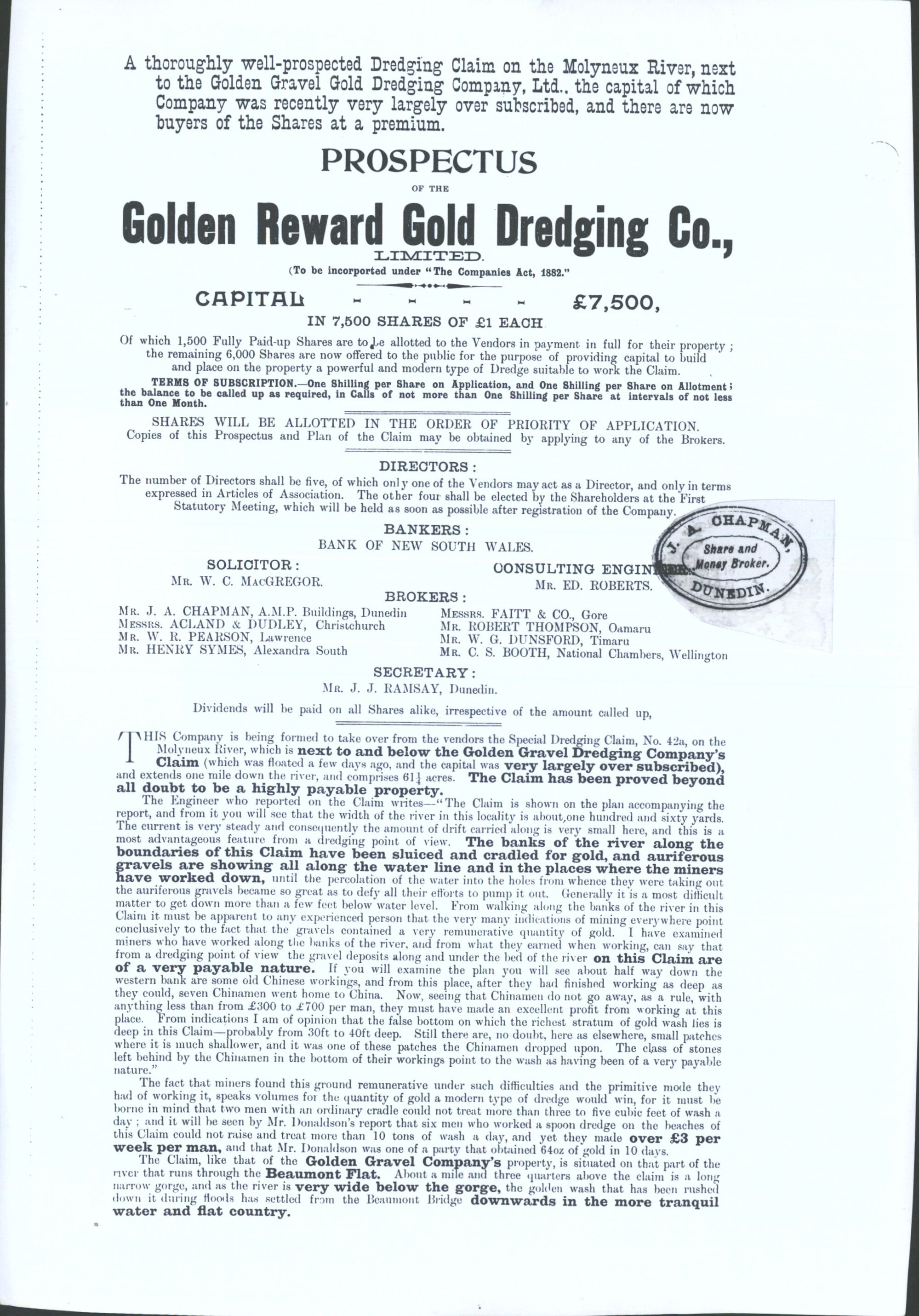 Prospectuses of 145 Otago &amp; West Coast Gold Dredging companies 1897-1899 Golden Reward Gold Dredging Co.