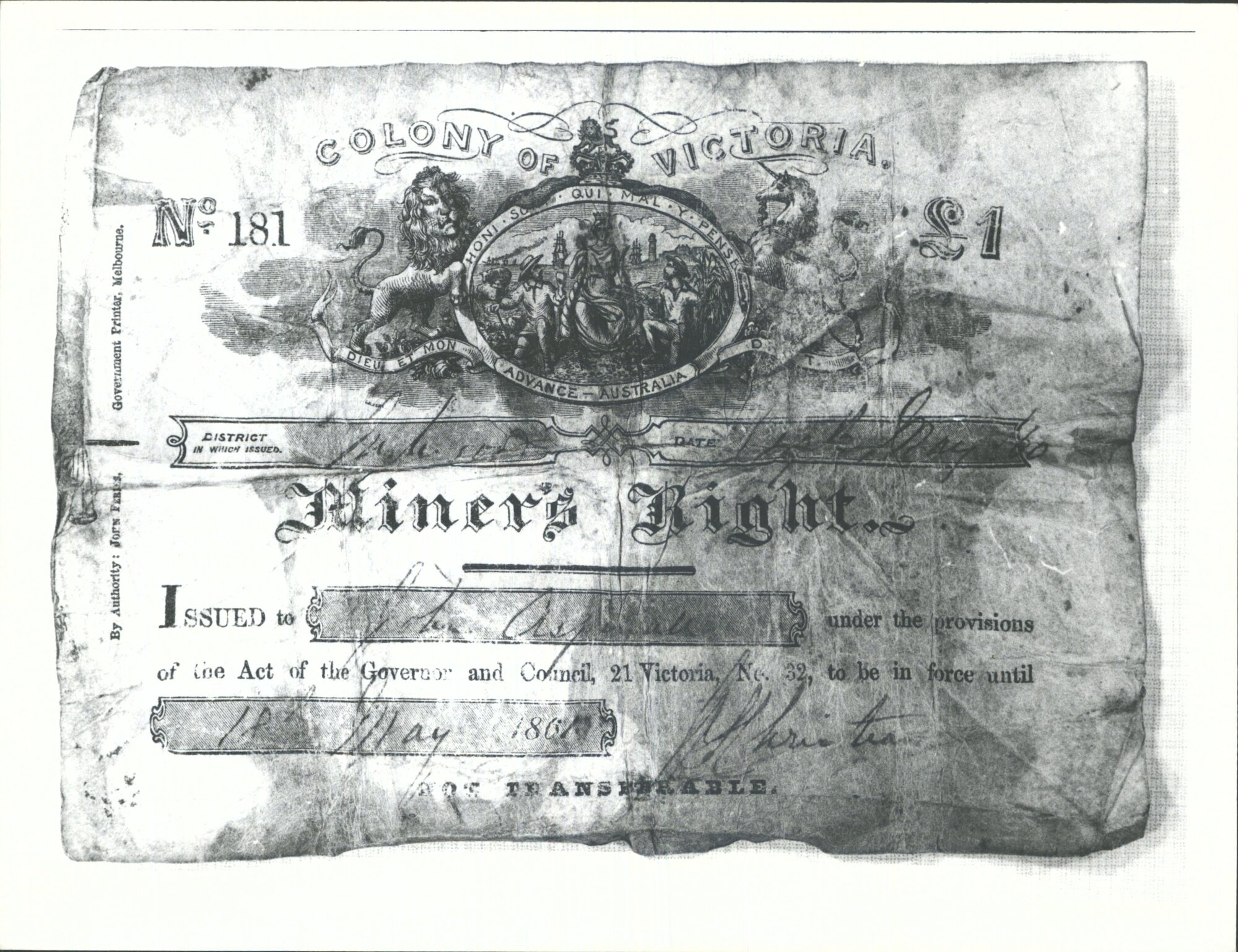 Issued to John Aspinall in Australia
