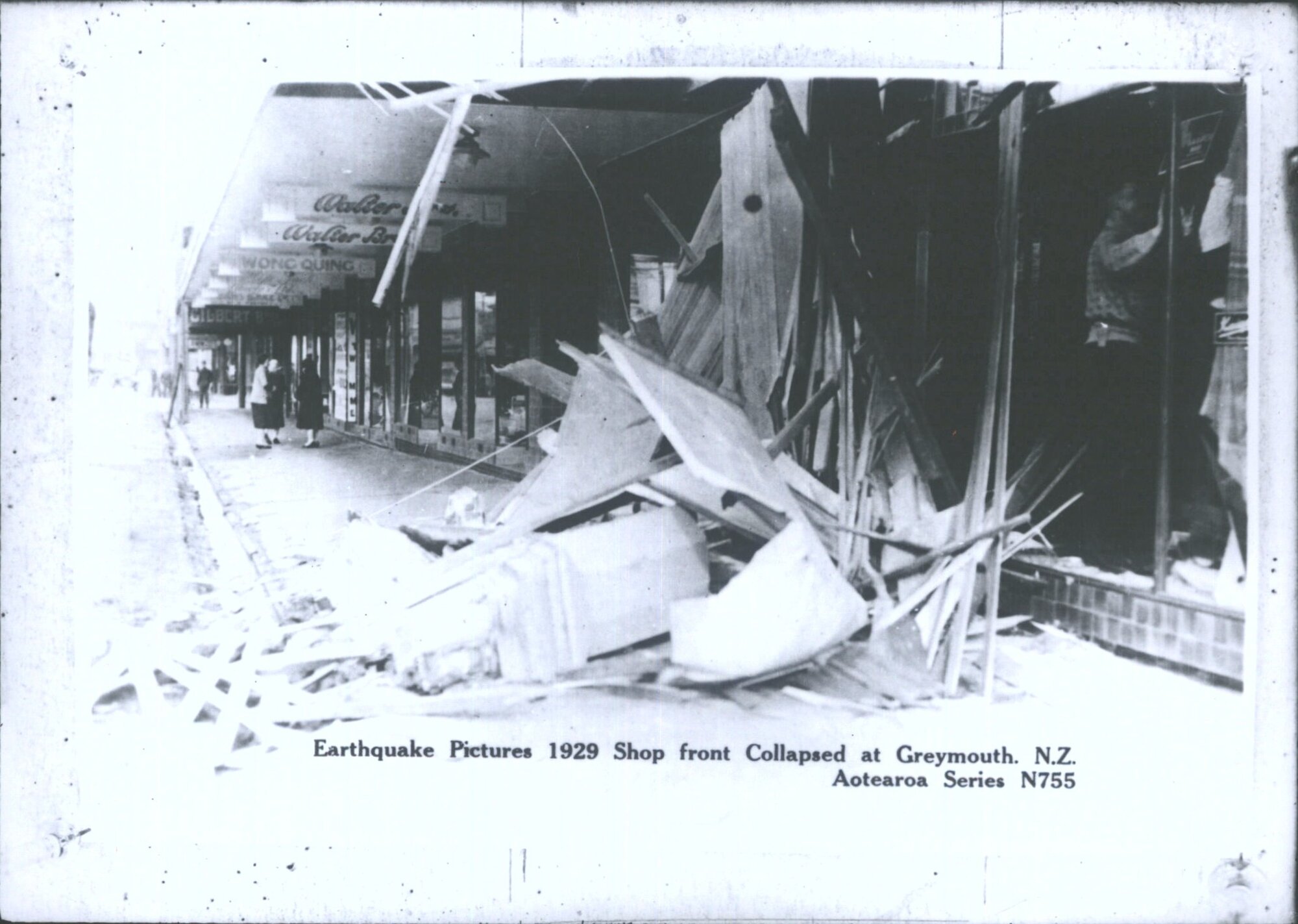 Earthquake Pictures 1929.  Shop front Collapsed at Greymouth, N.Z.