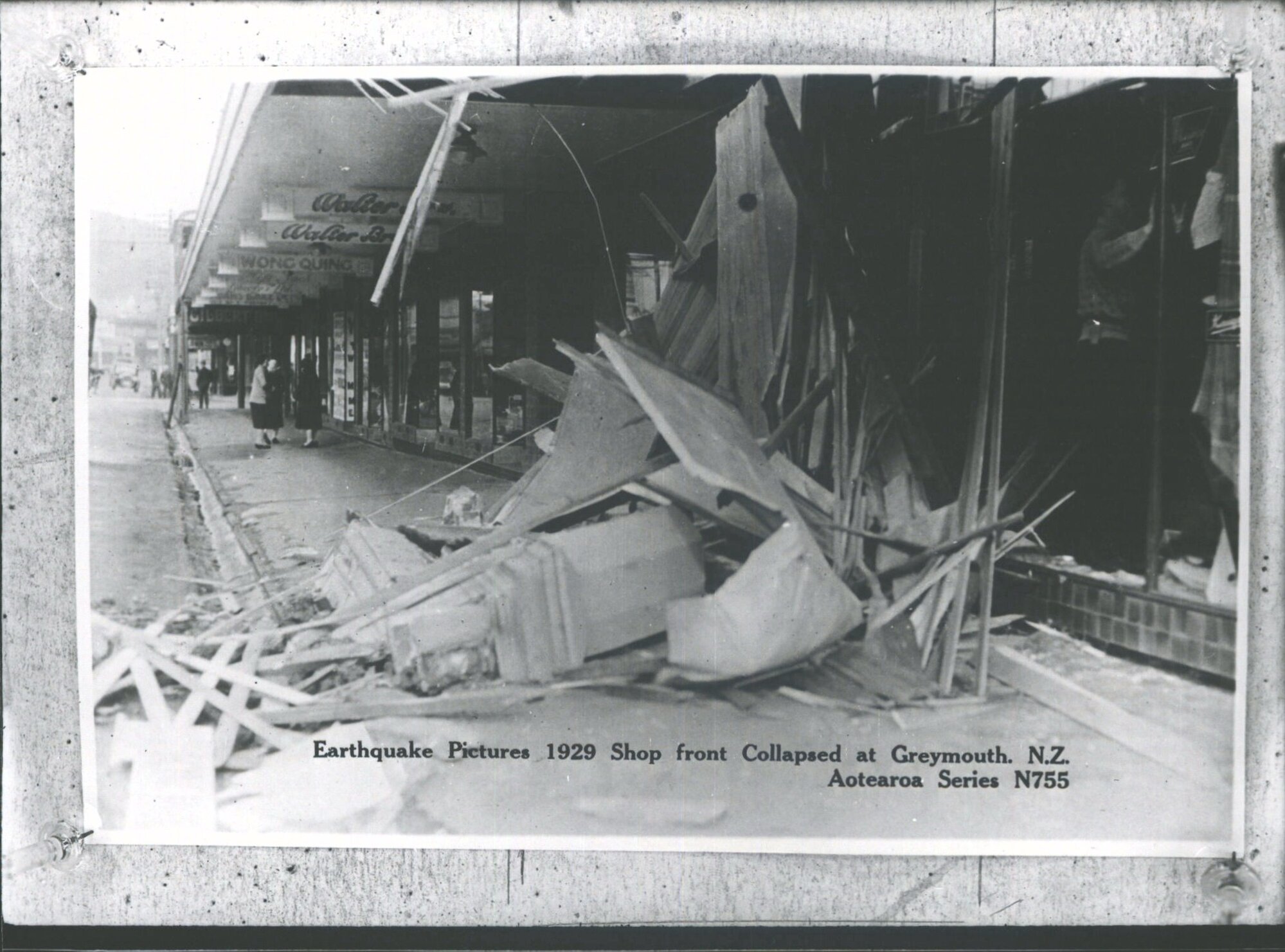Earthquake Pictures 1929.  Shop front Collapsed at Greymouth, N.Z.