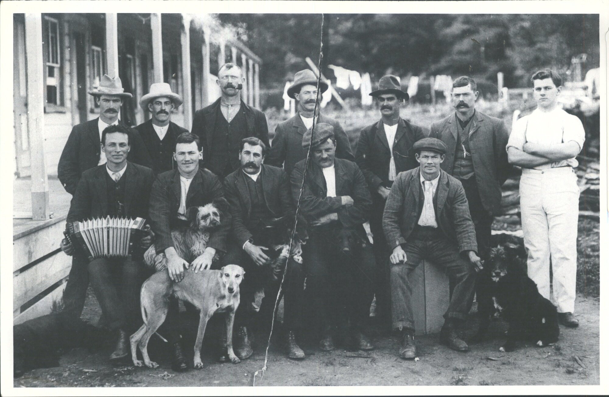 Te Mahanga Angels. Staff of Te Mahanga Station, near Hastings Front row 3rd from left ME. A.T. White (d. 1978) Man in white is t