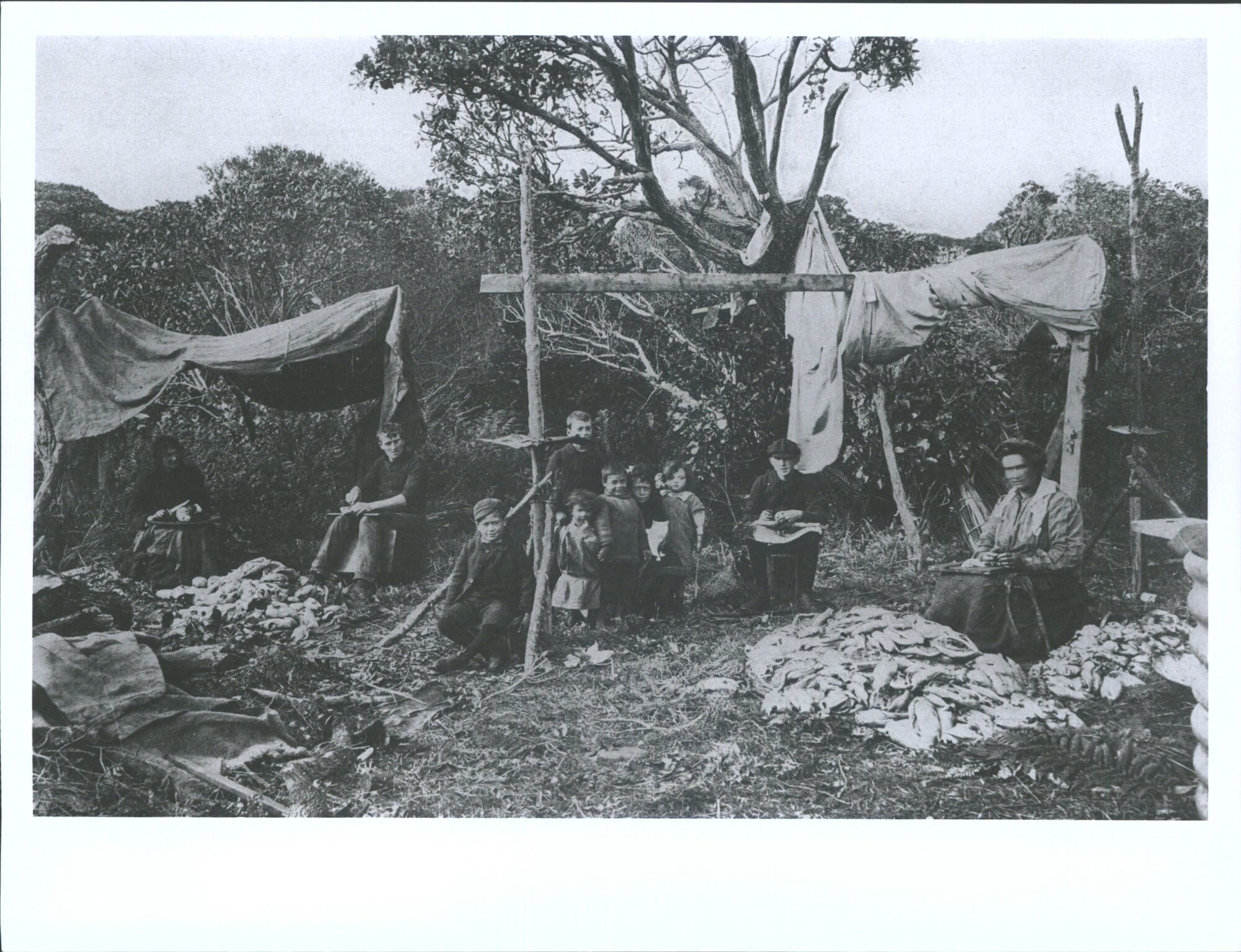 "An interesting scene at the mutton-birders camp - native workers and children"