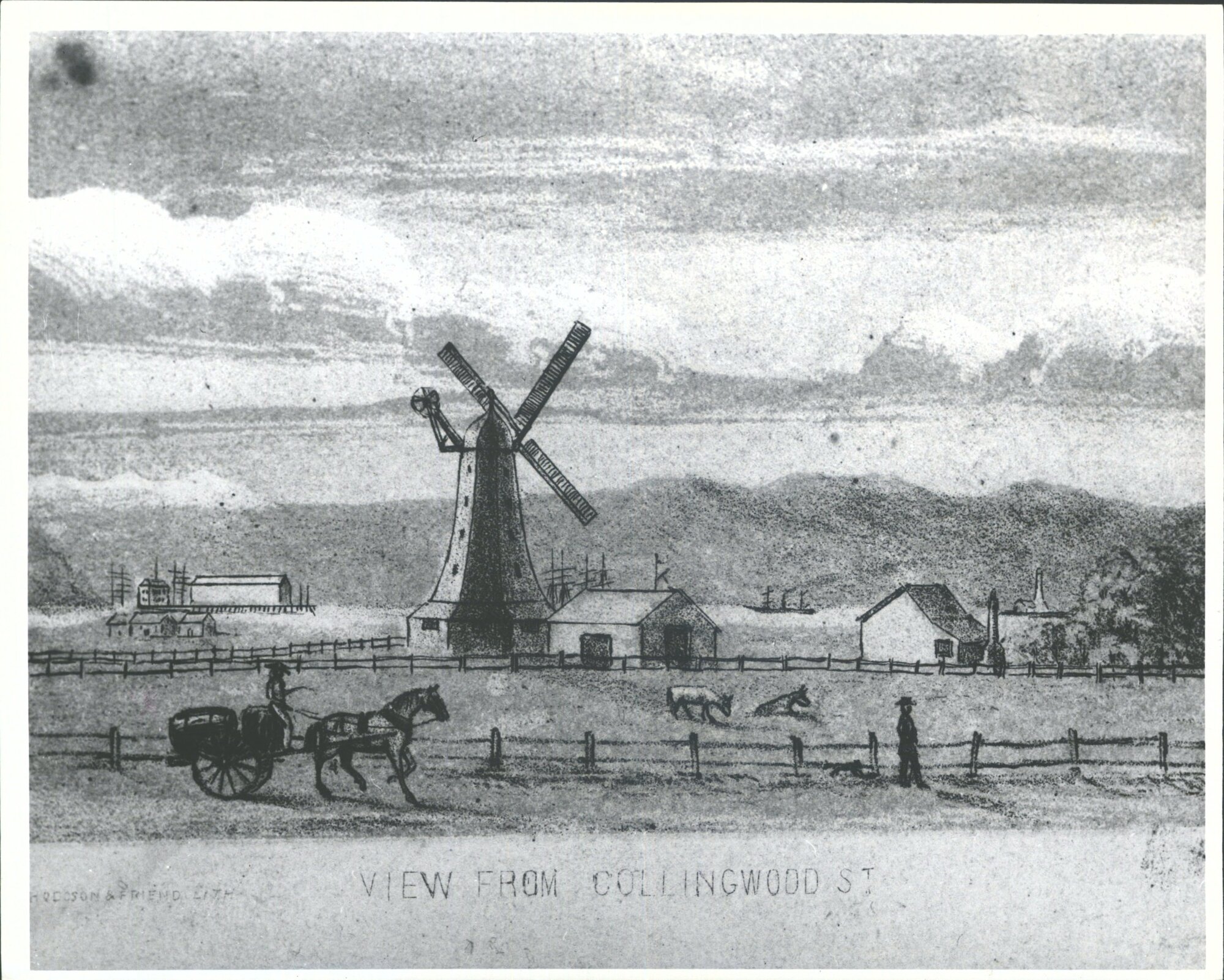 Dr Bush's mill built 1852, burnt down in 1867.  View from Collingwood St.