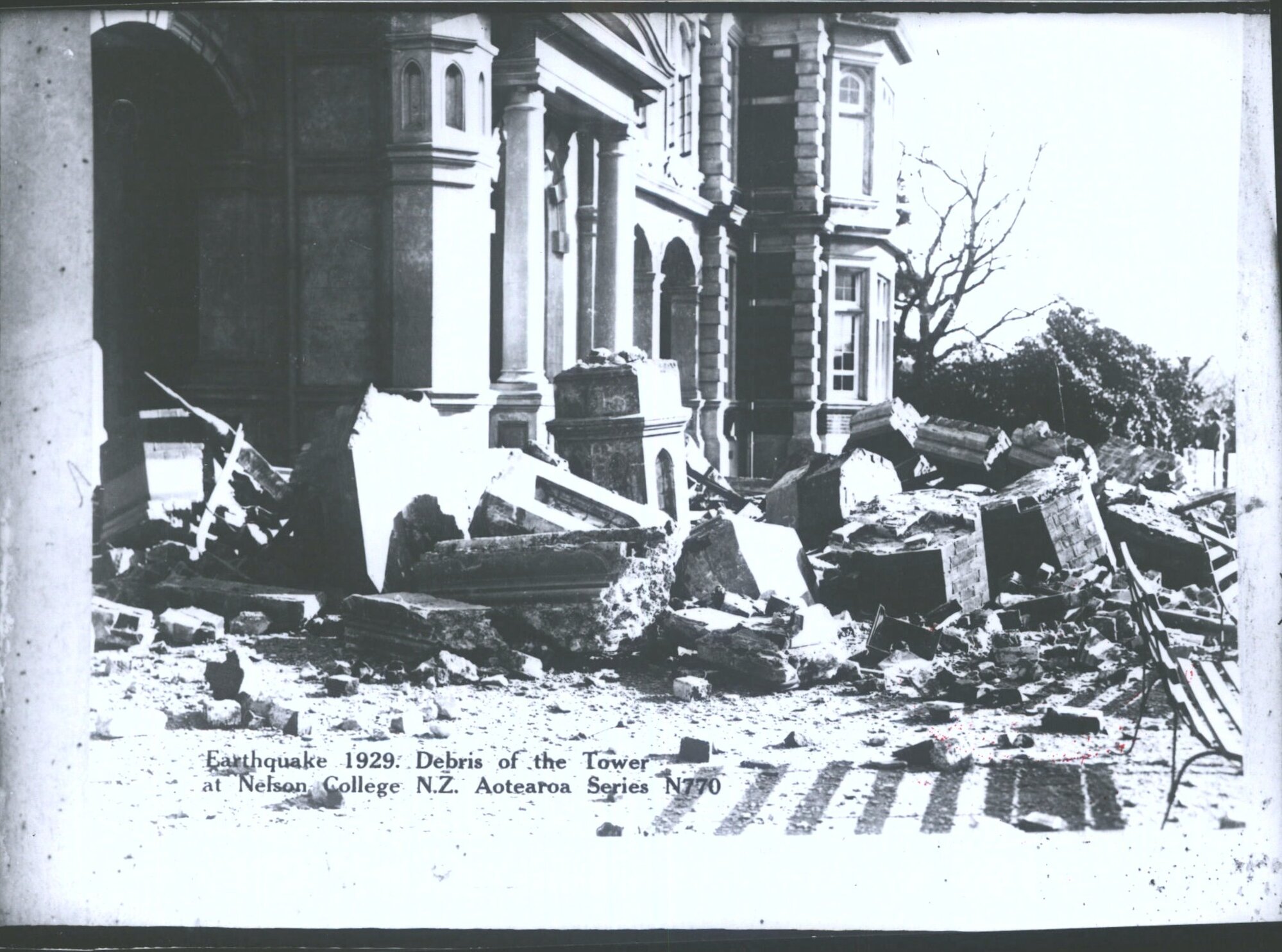 Earthquake 1929. Debris of the Tower at Nelson College, N.Z.