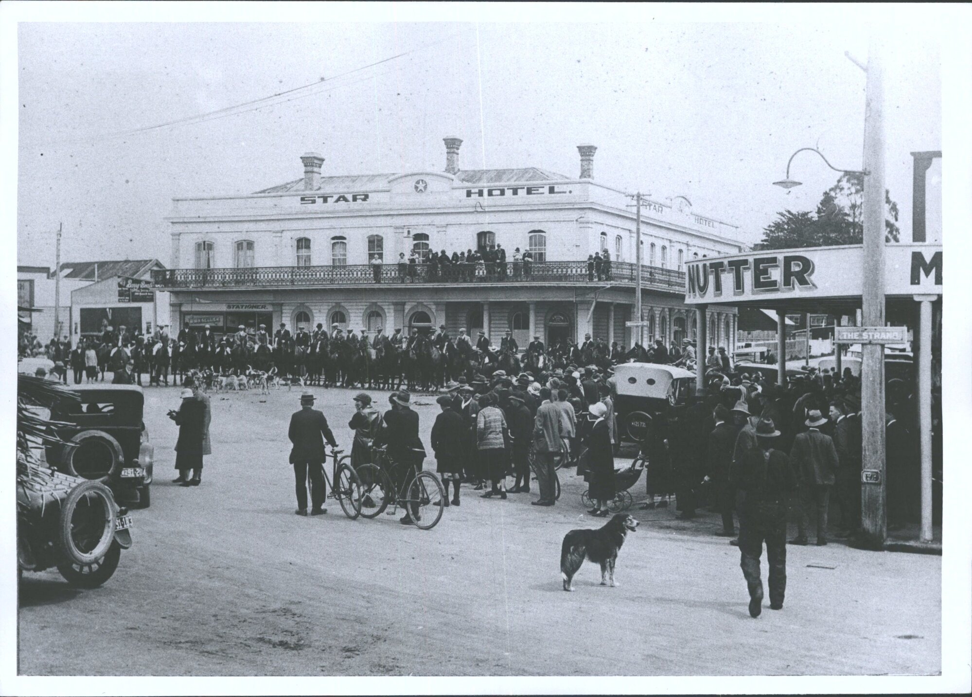 A large gathering outside the Star Hotel, Tauranga