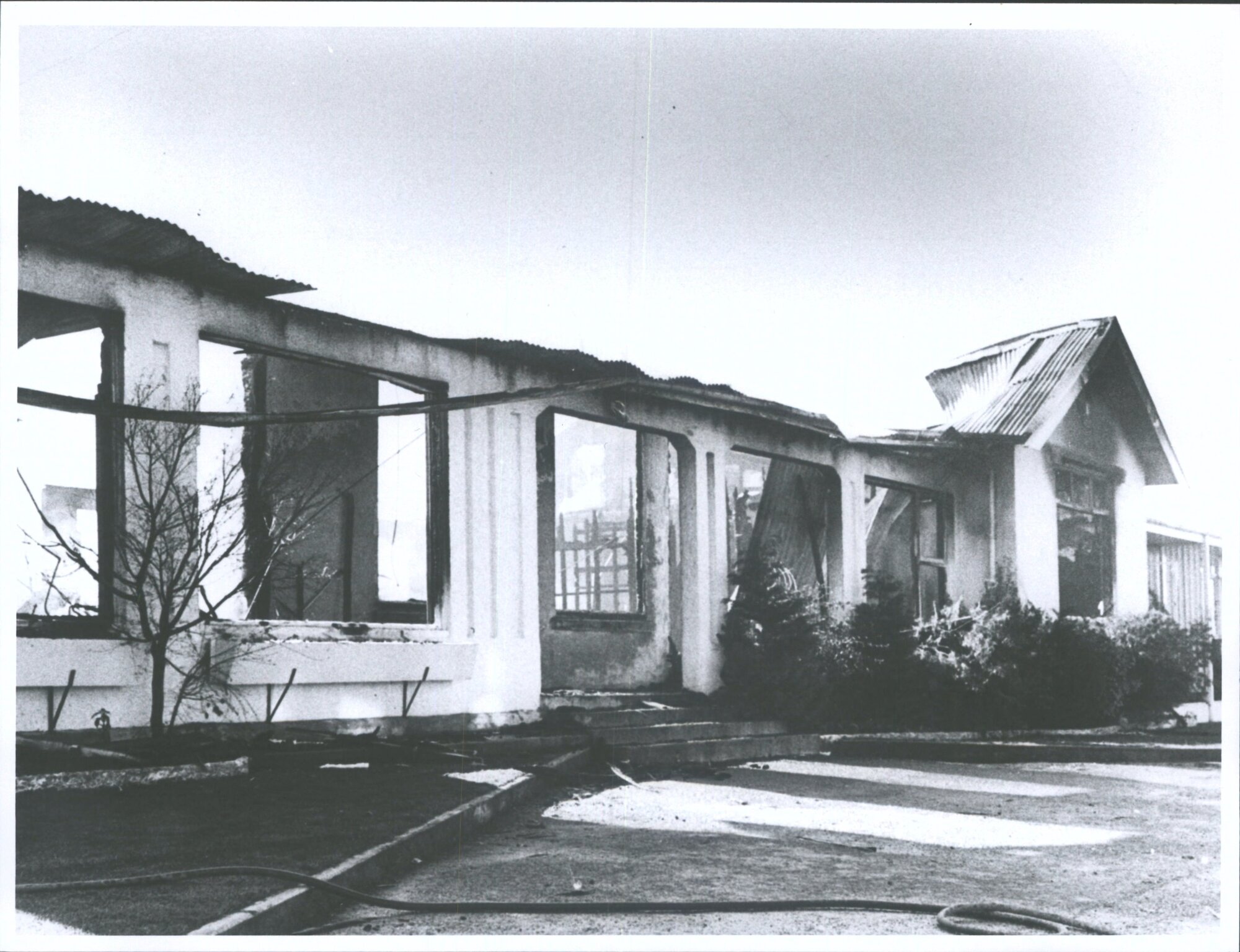 The gutted frontage of the hotel