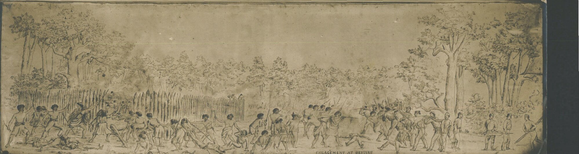Maori Wars, South Taranaki[?] Artist Unknown - Engagement at Okotuku.