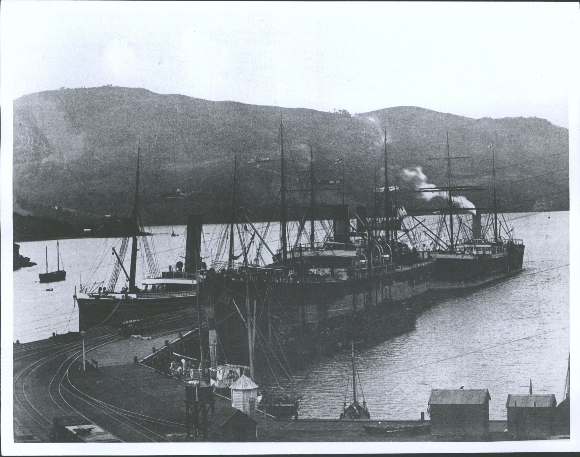 Railway Wharf Port Chalmers. Shows Aparima,  Mararoa &amp; Karamea - Barque Heathfield.