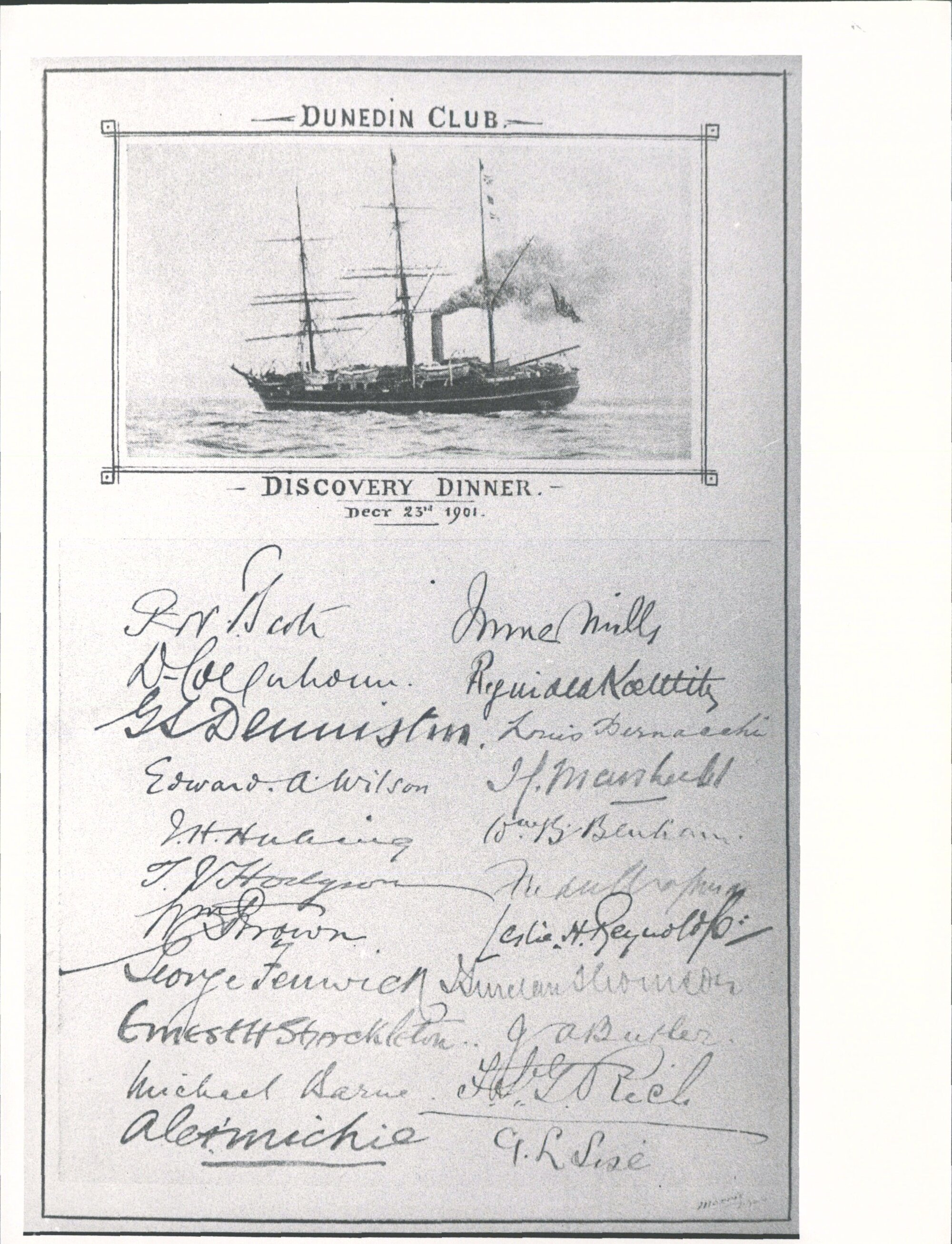 Dunedin Club menu Discovery Dinner Dec 23 1901