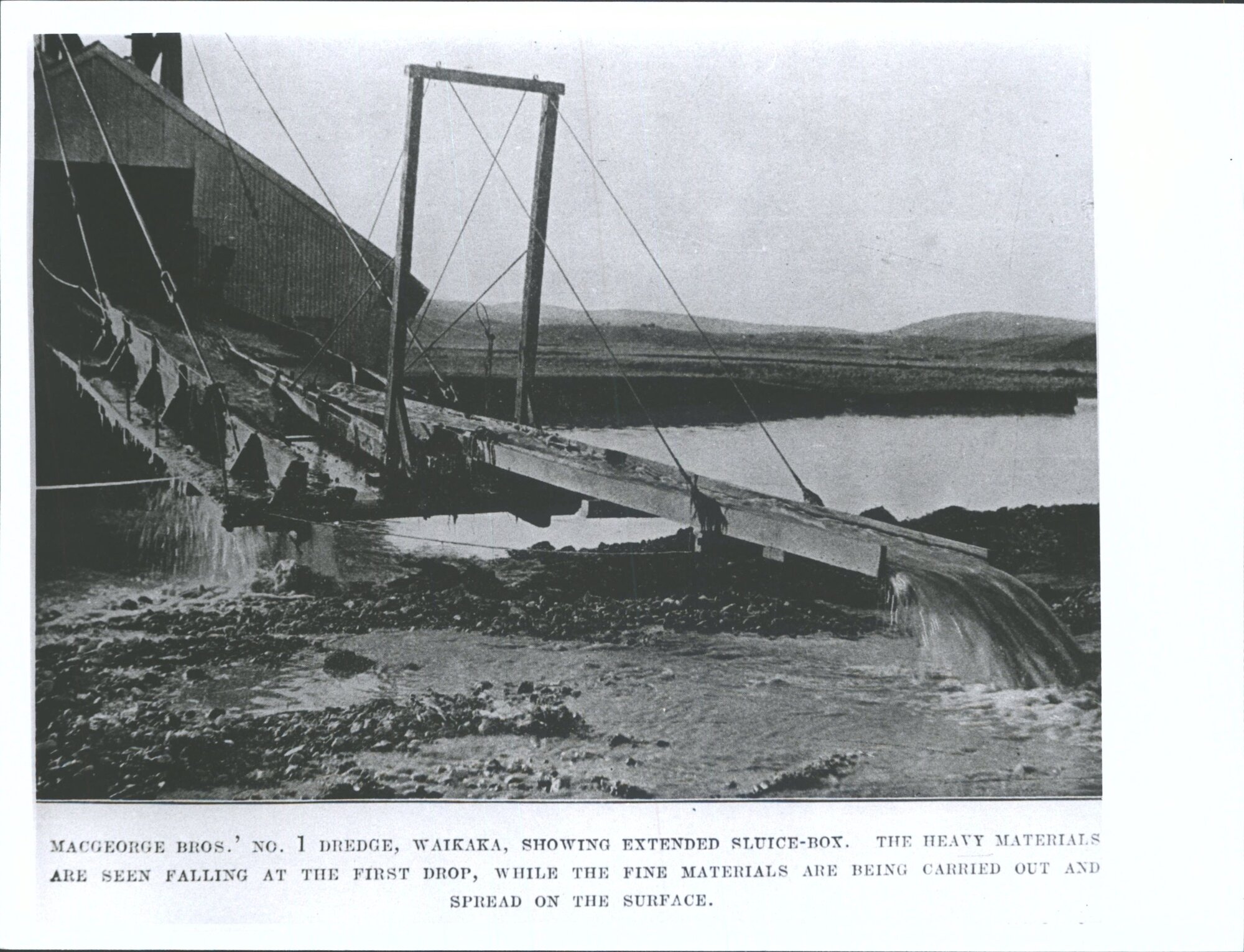 McGeorge Bros.' No. 1 Dredge, Waikaka, showing extended sluice-box