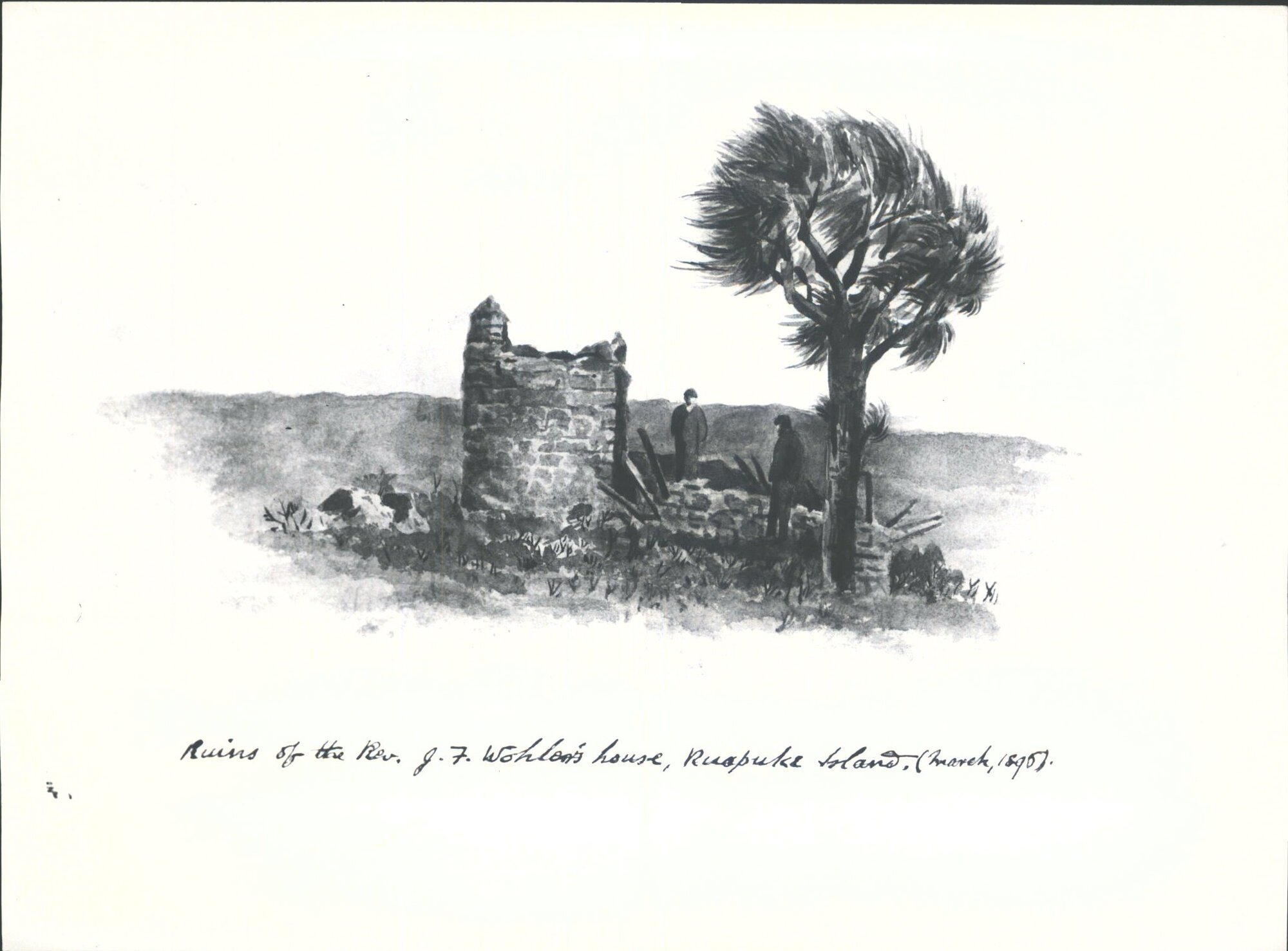 Ruins of Rev. J.F.H. Wohlers house Ruapuke Island. March 1895 W/col by Elizabeth Mary Hocken.