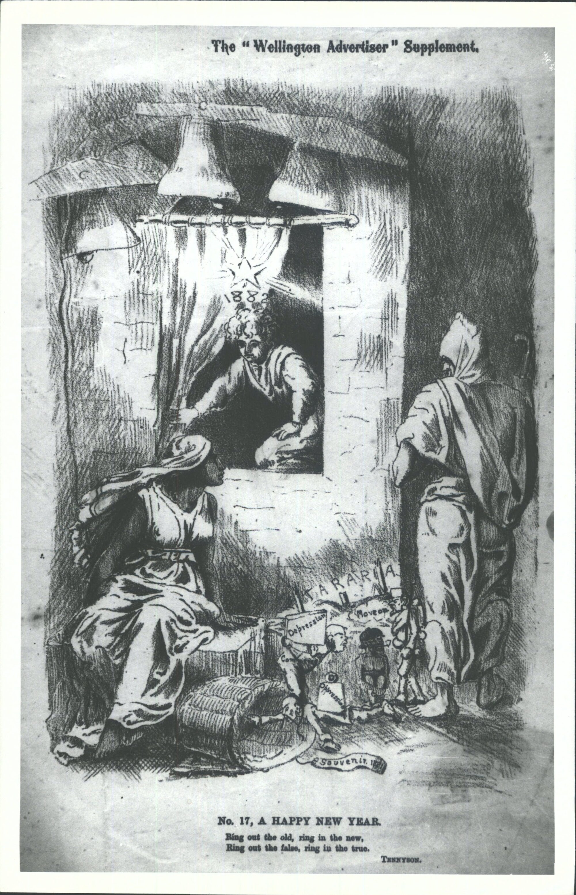 No. 17, A Happy New Year 1881-1882.  Ring out the old, Ring in the new, Ring out the false, ring in the true. Tennyson