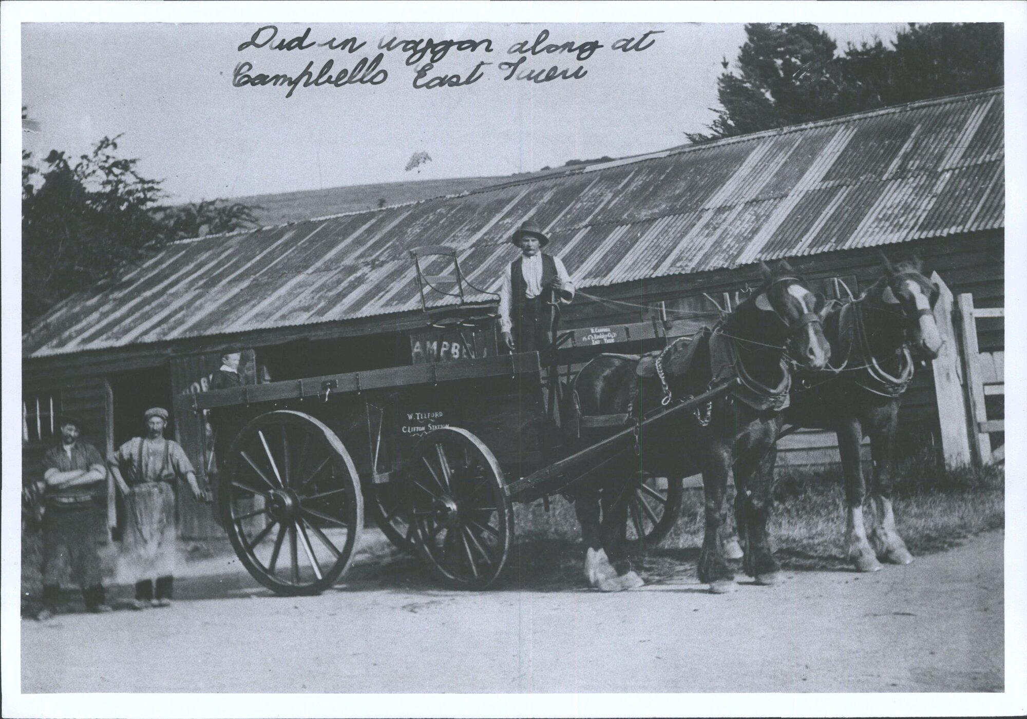 Horse drawn wagon outside Campbell's, East Taieri