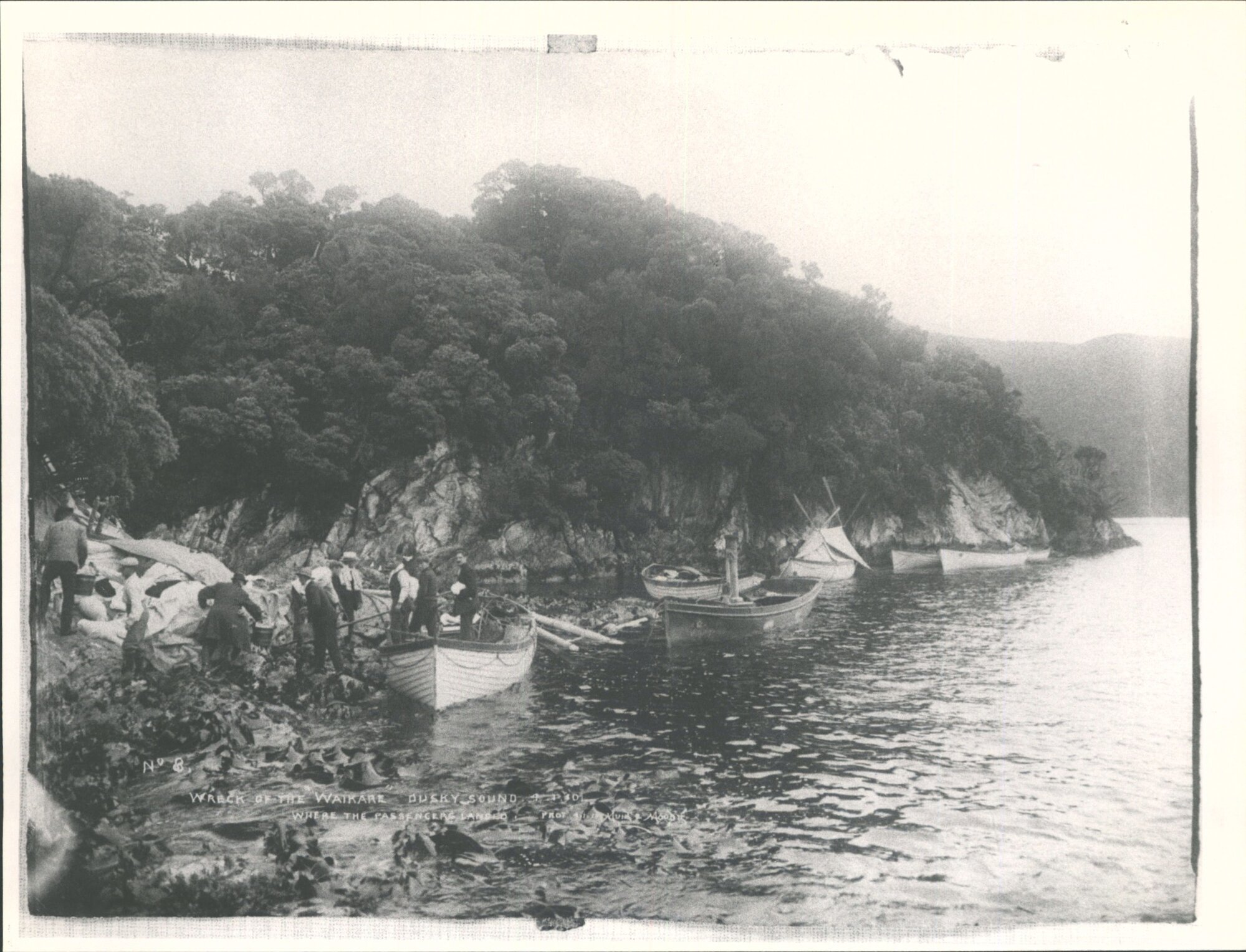 Waikare, wrecked, Dusky Sound 4-1-1910 'Where the passengers landed'