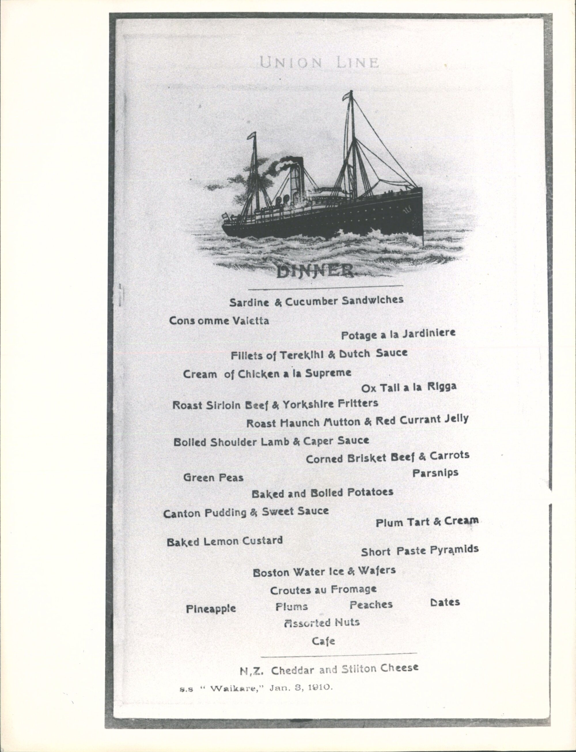 Waikare (ship) dinner menu Jan 3 1910