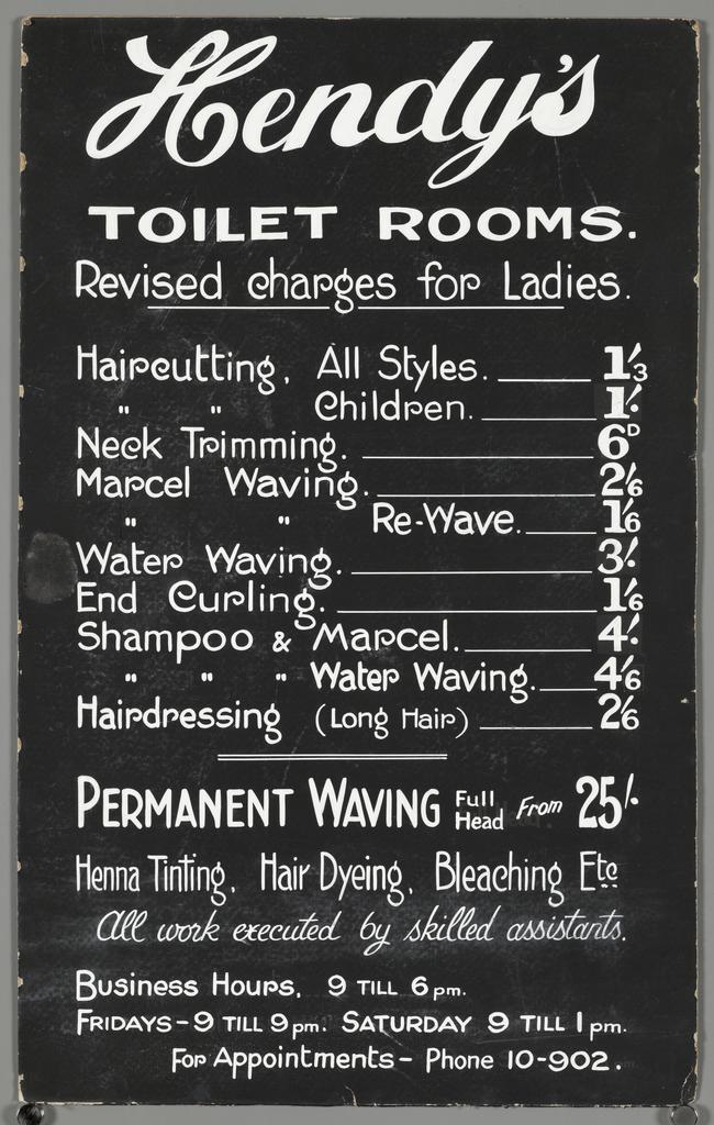 "Hendy's Toilet Rooms. Revised charges for ladies."