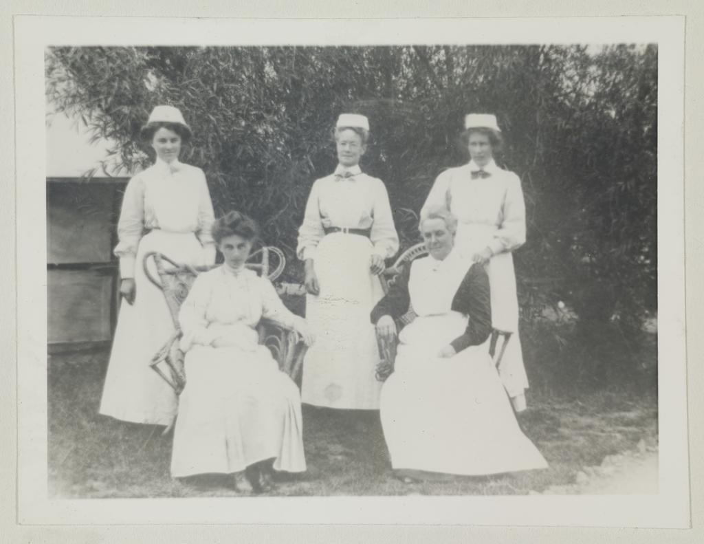 Five staff members at the Rock and Pillar sanitorium: Nurse Shaw, Nurse Innes (?), Mrs Clingin, Dr Collier, and Matron McKinley