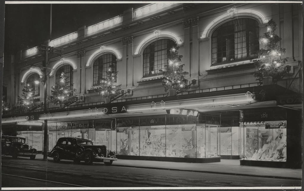 Illuminated DSA building, George Street, Dunedin, 'Xmas frontage 1955'
