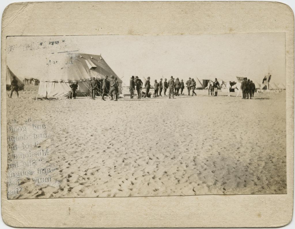 'Camp scene at Zeitoun, notice mounted police holding the horses'
