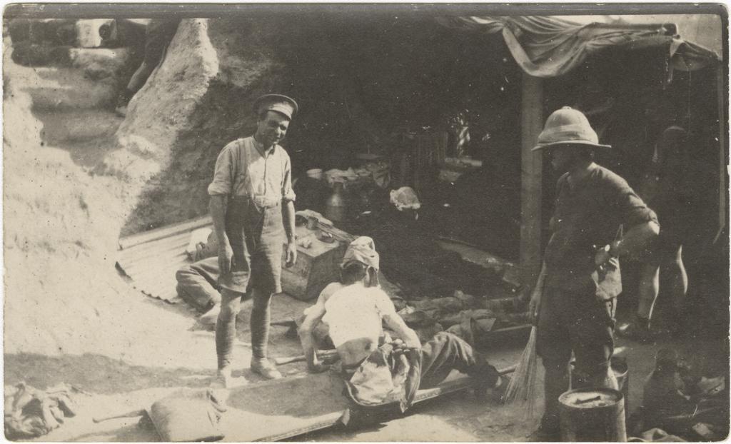 'Dressing Station at Walker's Ridge, on day of Armistice, wounded Turk who had been lying in no mans land for a week'