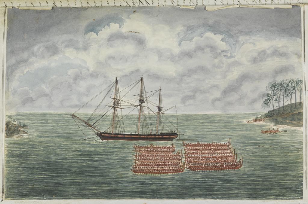'Bayly's ship with native canoes' , the St Patrick anchored in the Thames River