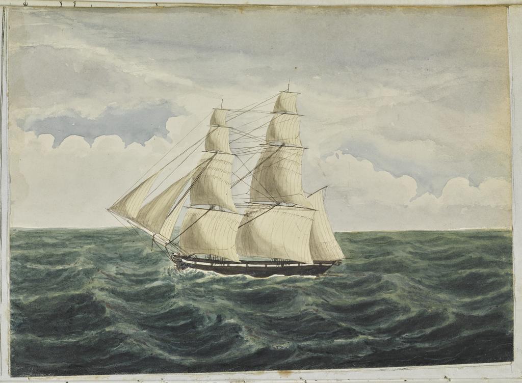 'The Calder sailing before a fresh breeze towards Valparaiso' (watercolour on paper)