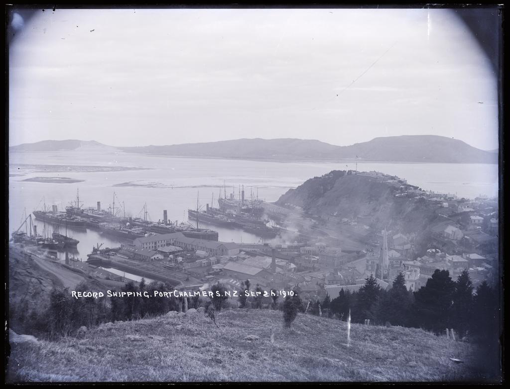 View over Port Chalmers titled 'Record shipping, Port Chalmers'