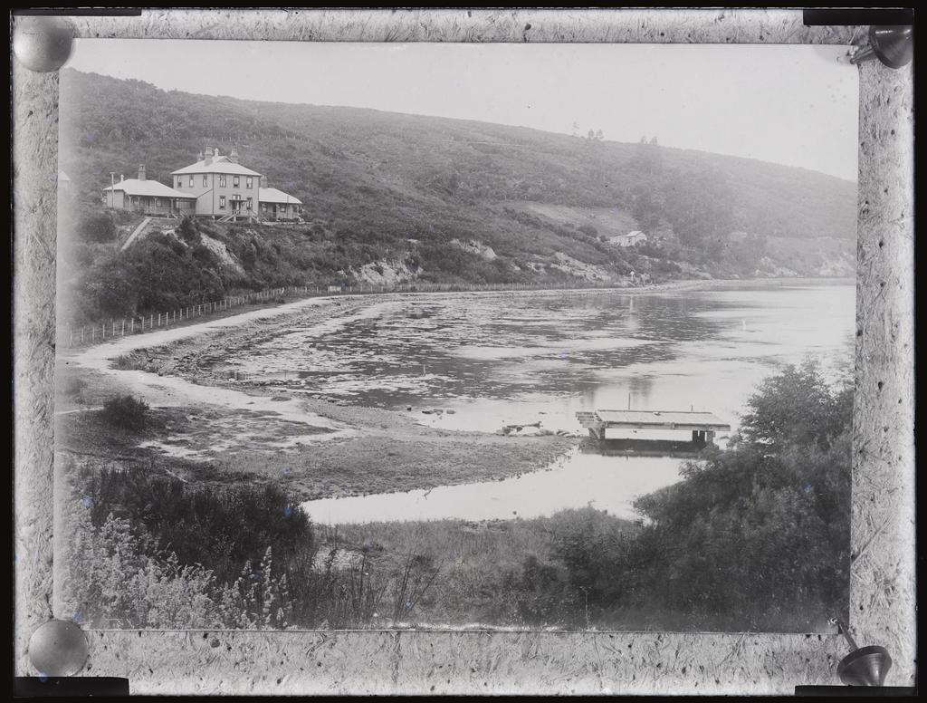 Infectious diseases hospital, hillside, and shore at Lake Logan