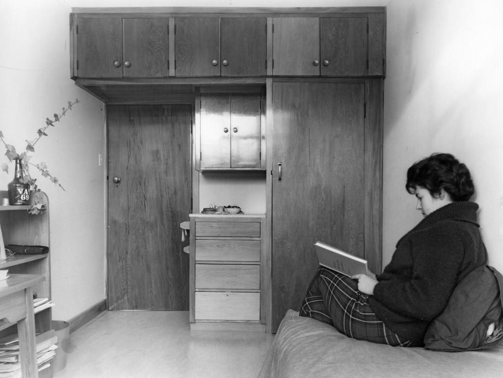 Resident inside her room, Studholme Hall