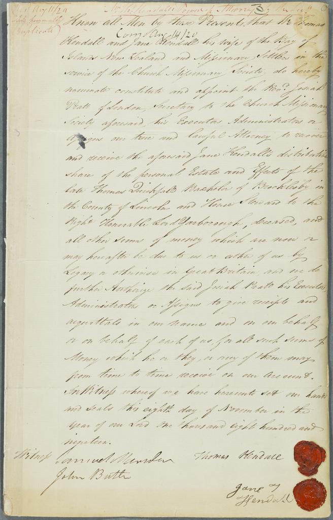 Kendall's power of attorney to Reverend Josiah Pratt, Secretary