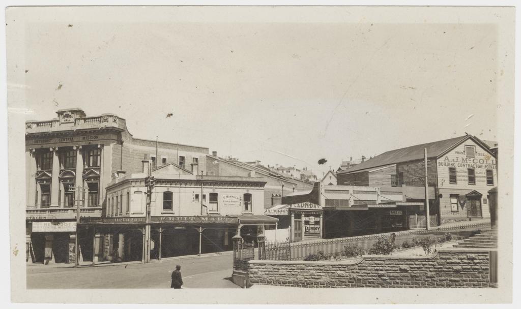 Stuart Street and Octagon corner showing a number of businesses