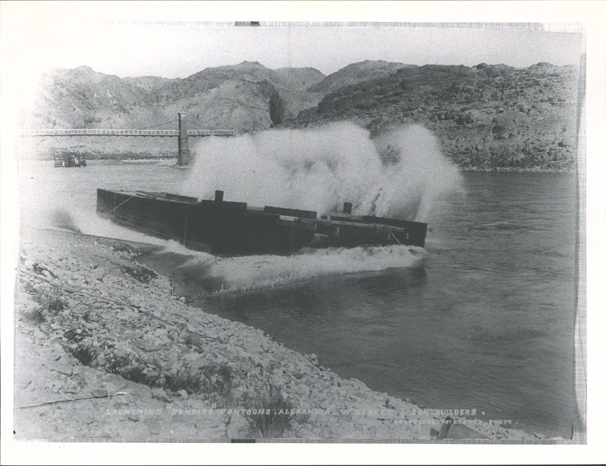 Launching Bendigo pontoons in Clutha River.  W. Basket and Son builders