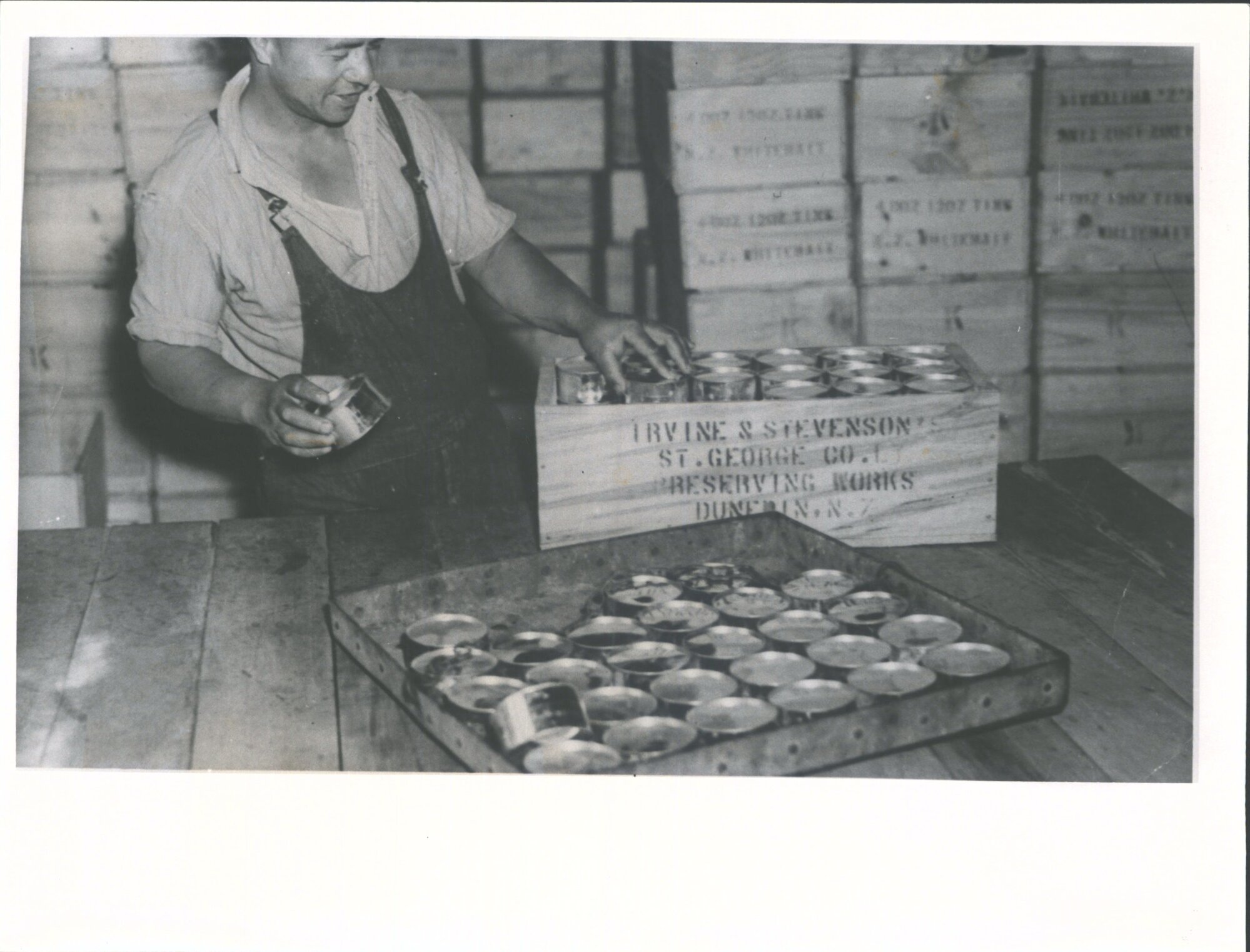 Preserving Works. Canning whitebait, packing tins in boxes