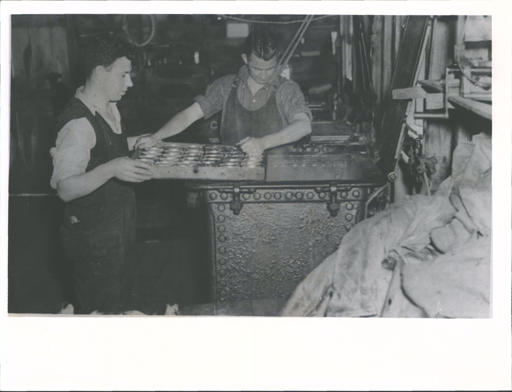 Preserving Works. Canning whitebait, tins in pressure tank