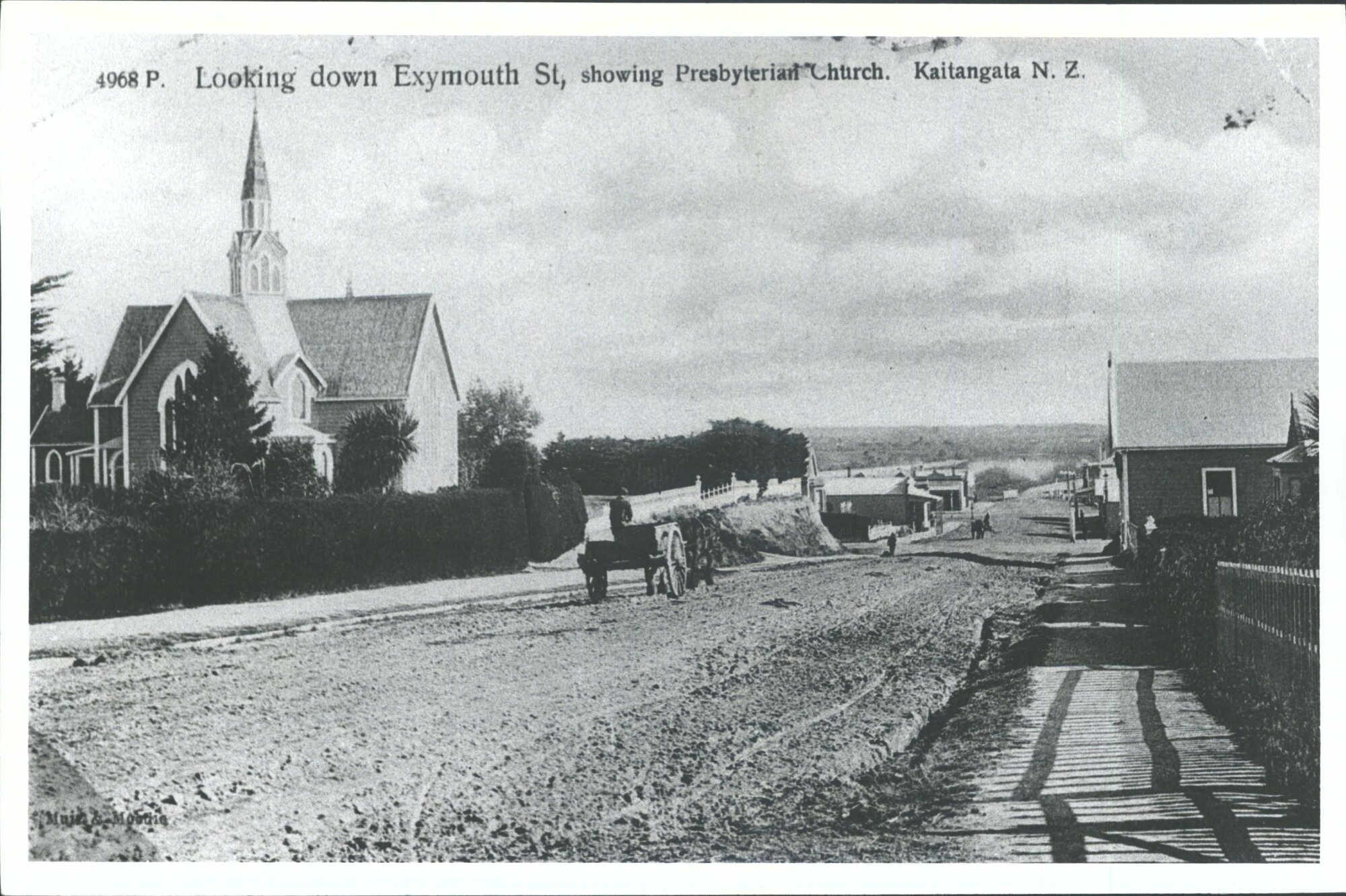 Looking down Exymouth St, near Presbyterian Church. Kaitangata N.Z.