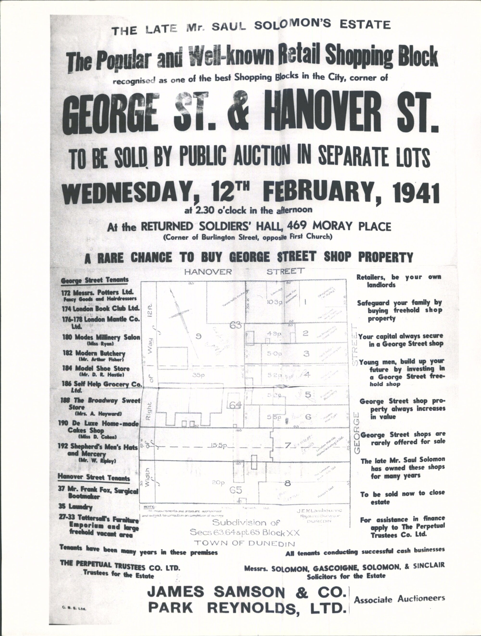Poster for auction of sites at corner of George Street and Hanover Street