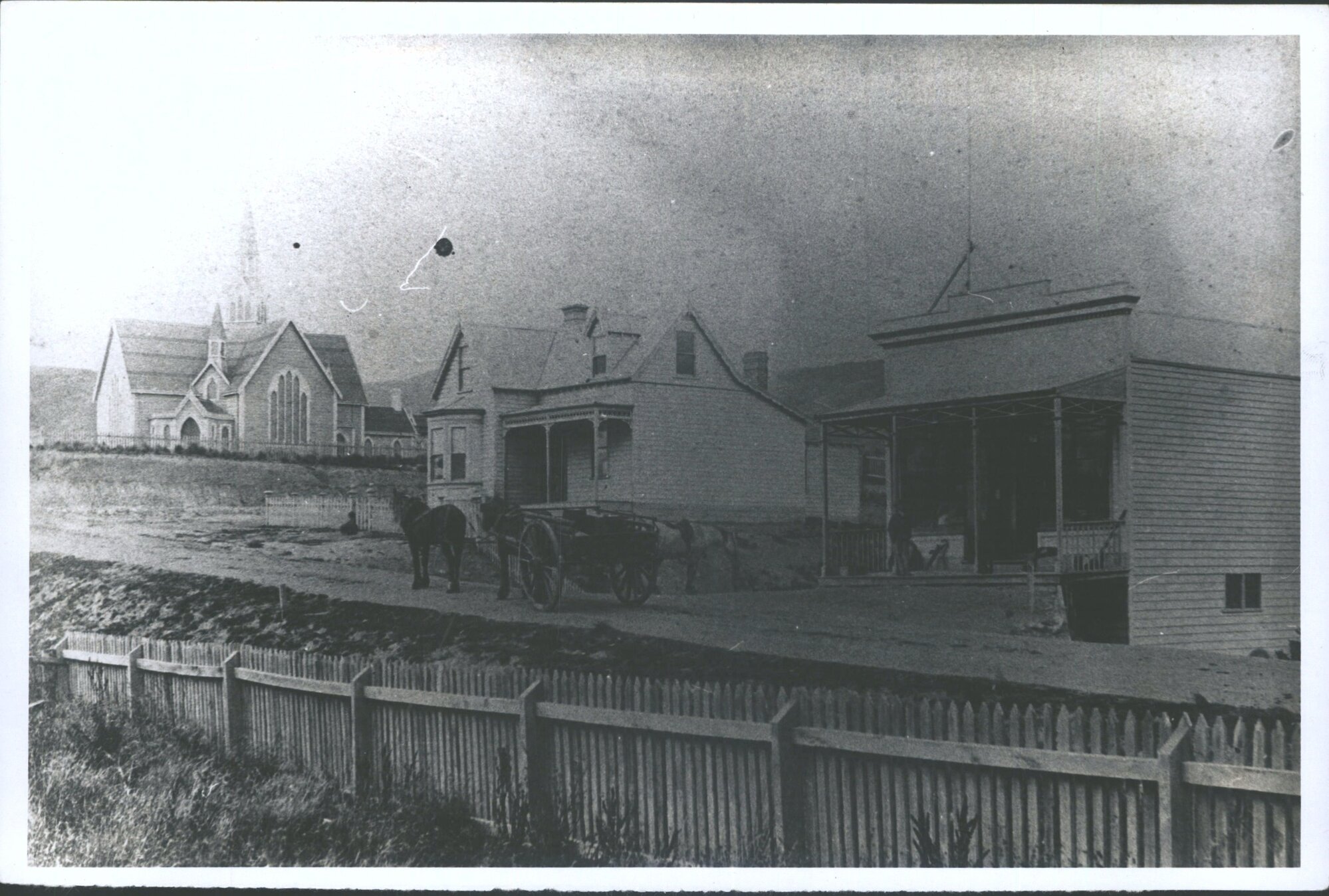 Kaitangata Presbyterian church, with W. T. Smith's house and store