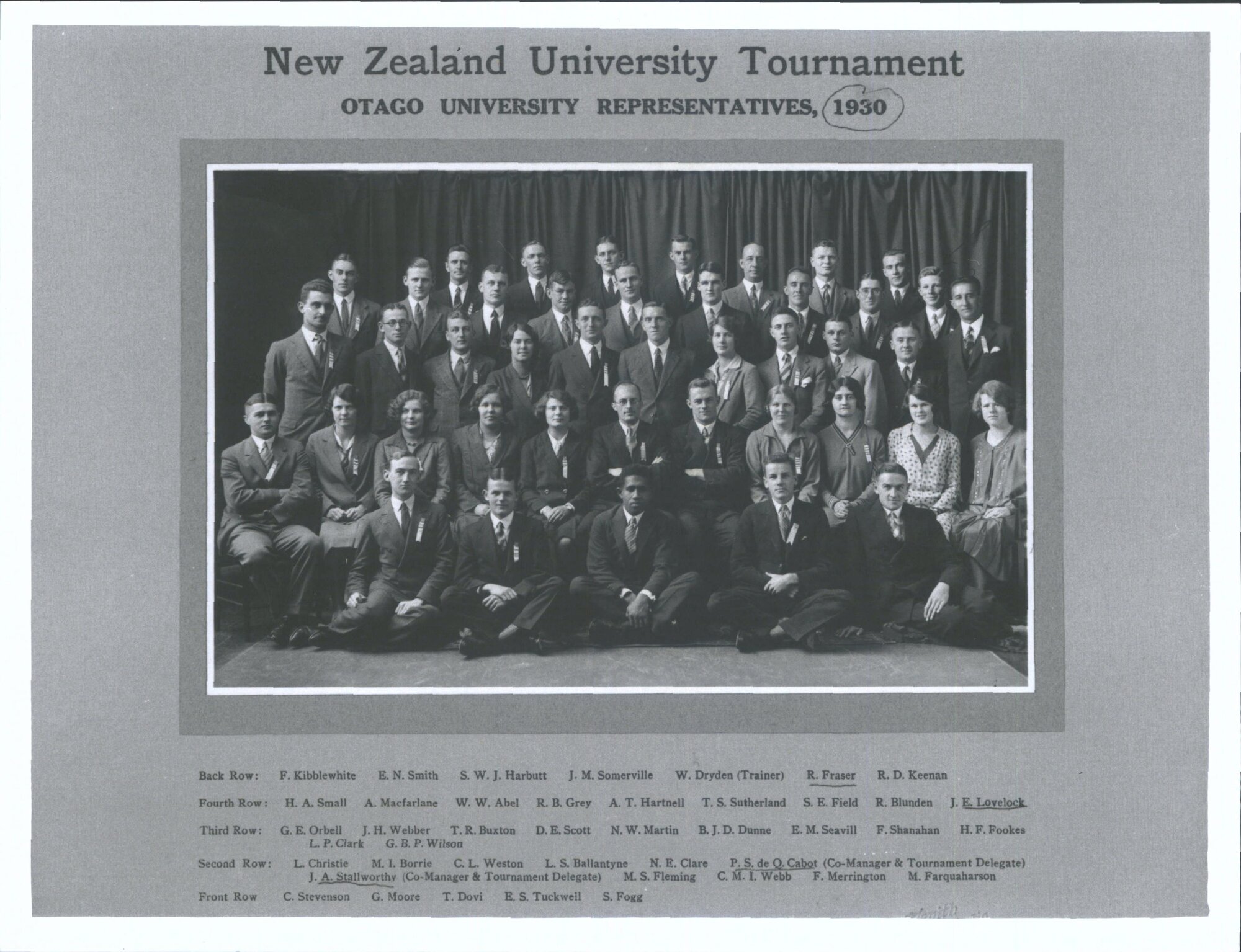 "New Zealand University Tournament Otago University Representatives" (R. Fraser, Knox 1930)