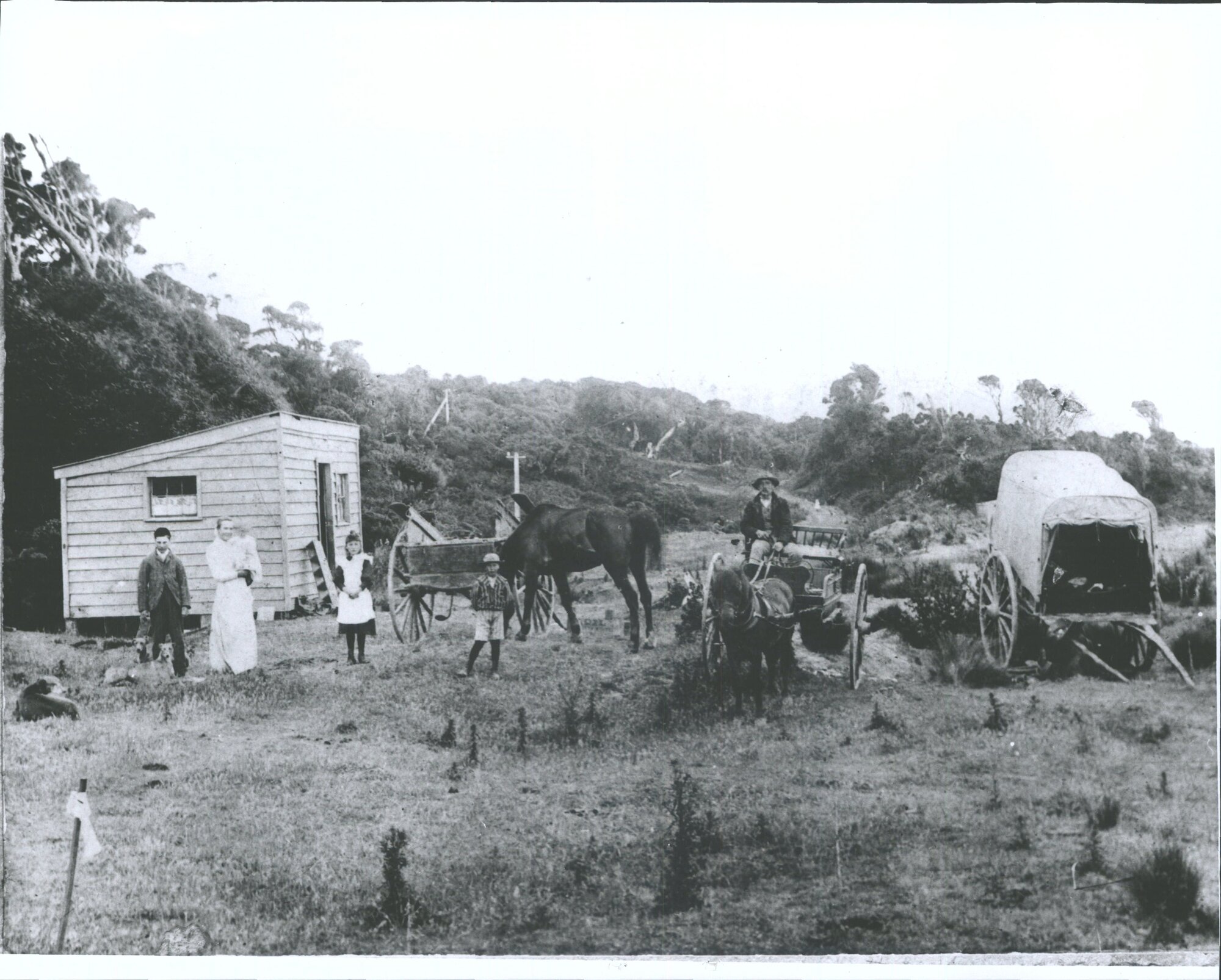 inscription below photograph "Kaka Point. New Years Day 1845. The shed had just been erected by C. A. Mitchell, [it] still forms