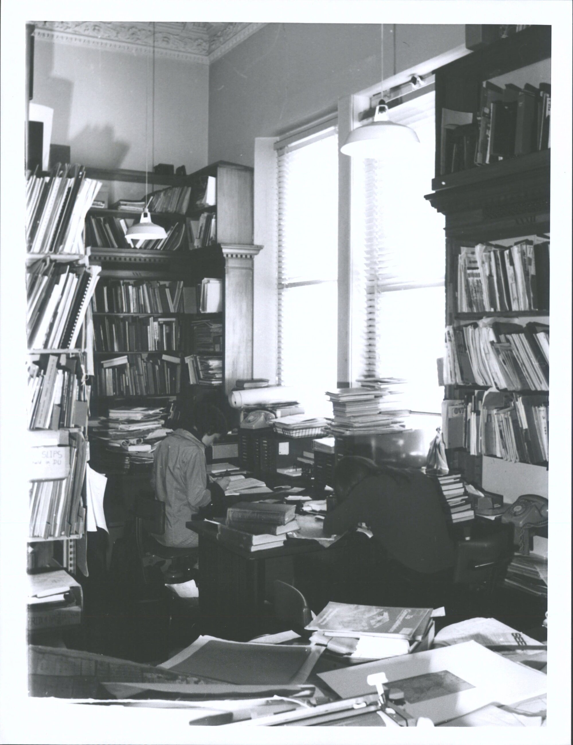 Hocken Library, work room, August 1978. Museum Building left Mrs Elizabeth Jarrett (library asst) Right: Mrs Christine Abercromb