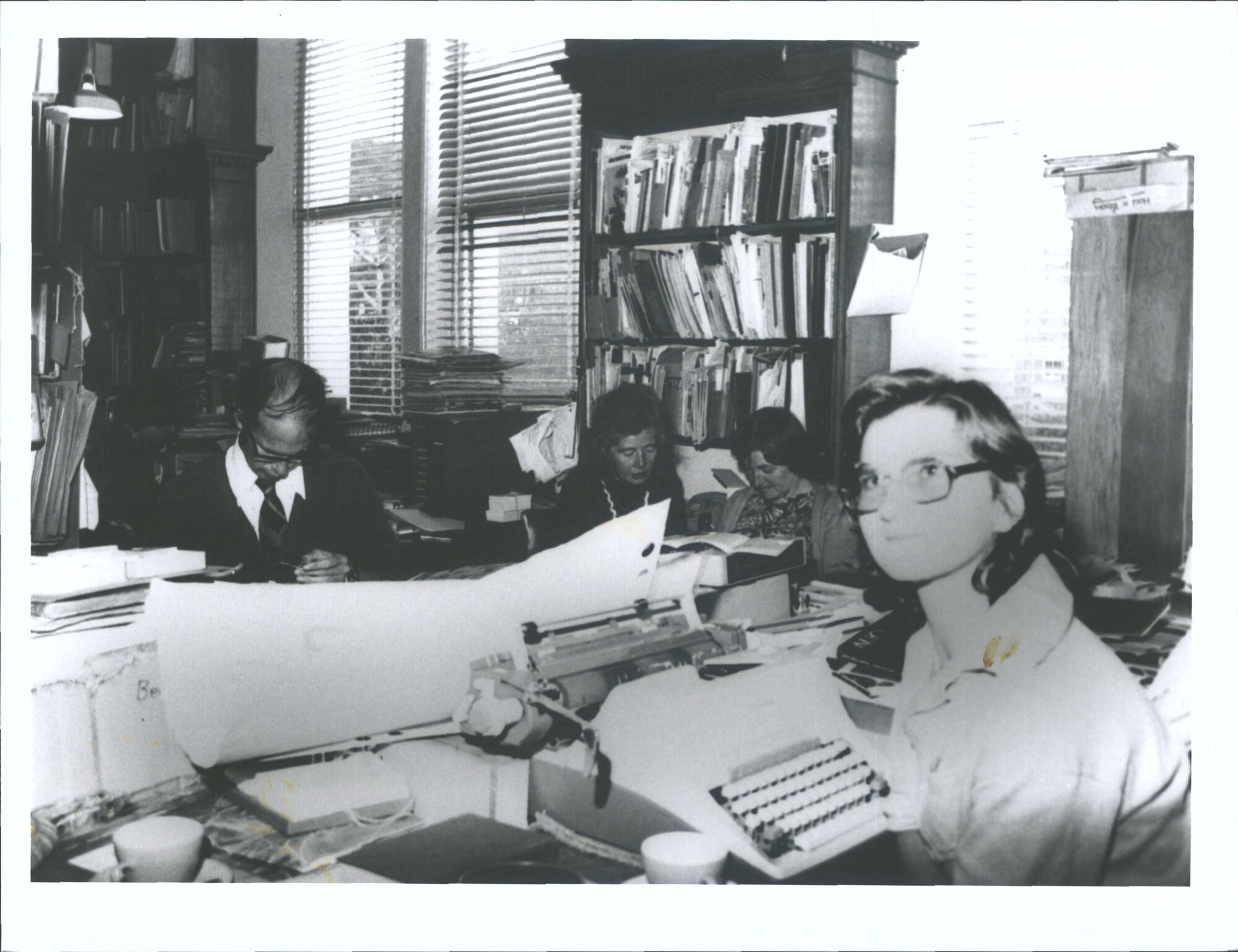 Hocken Library, Otago Museum, February 1979   L to R: David McDonald, ? , Pat Buchan, Karen Donaldson (now Craw)